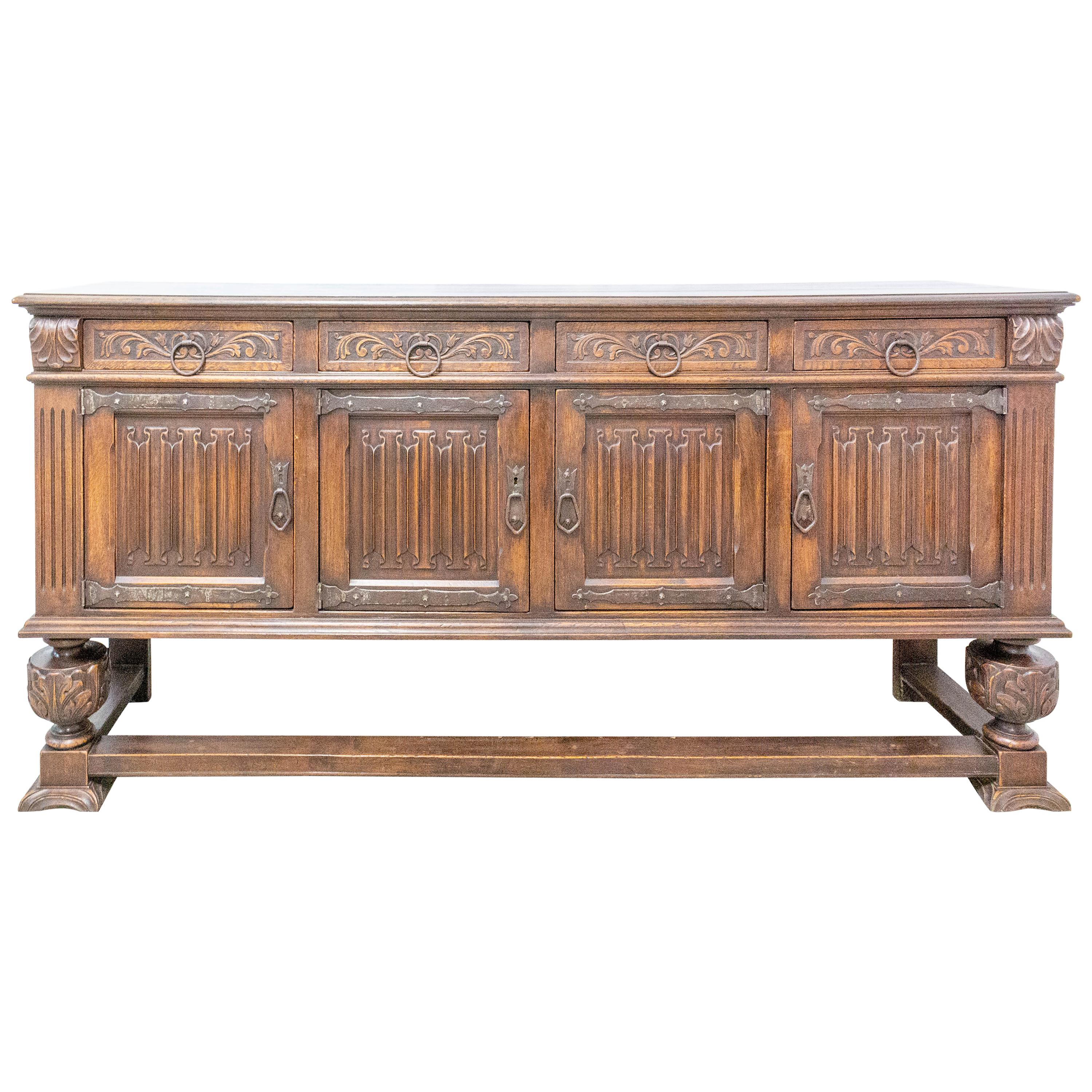 Credenza Sideboard Spanish Oak Four Doors Buffet Gothic Revival, circa 1920