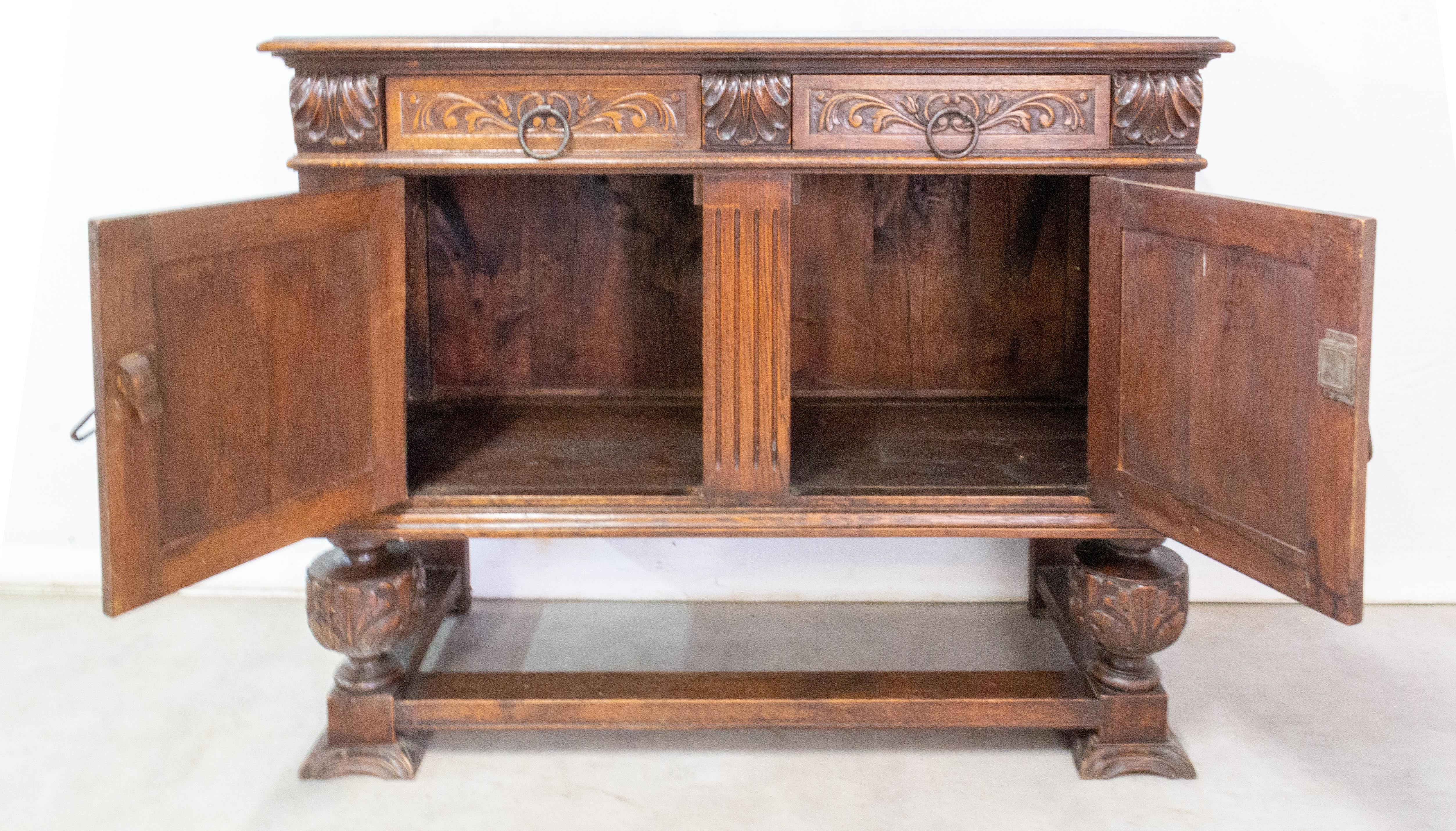 Iron Credenza Sideboard Spanish Oak Two Doors Buffet Gothic Revival, circa 1920