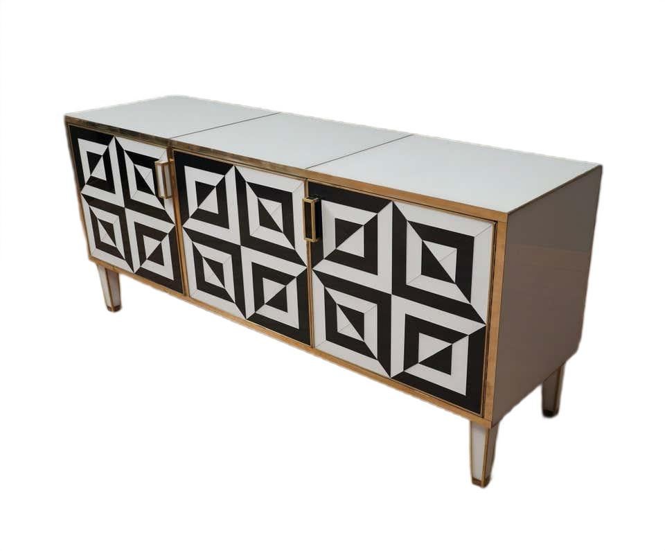 Brutalist three-door sideboard with optical glass paneling For Sale