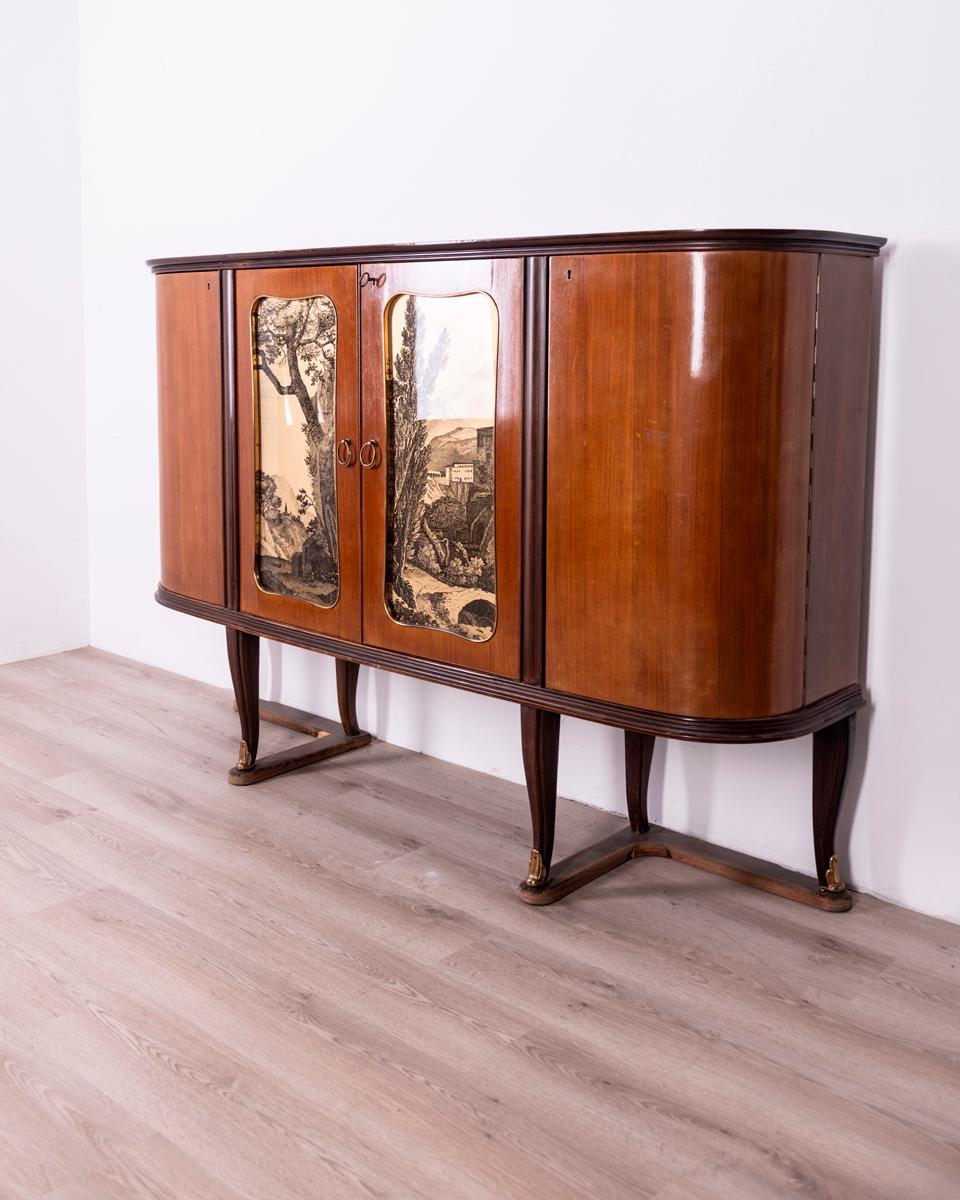 1950s vintage sideboard in wood and glass decorated Italian design In Good Condition For Sale In None, IT