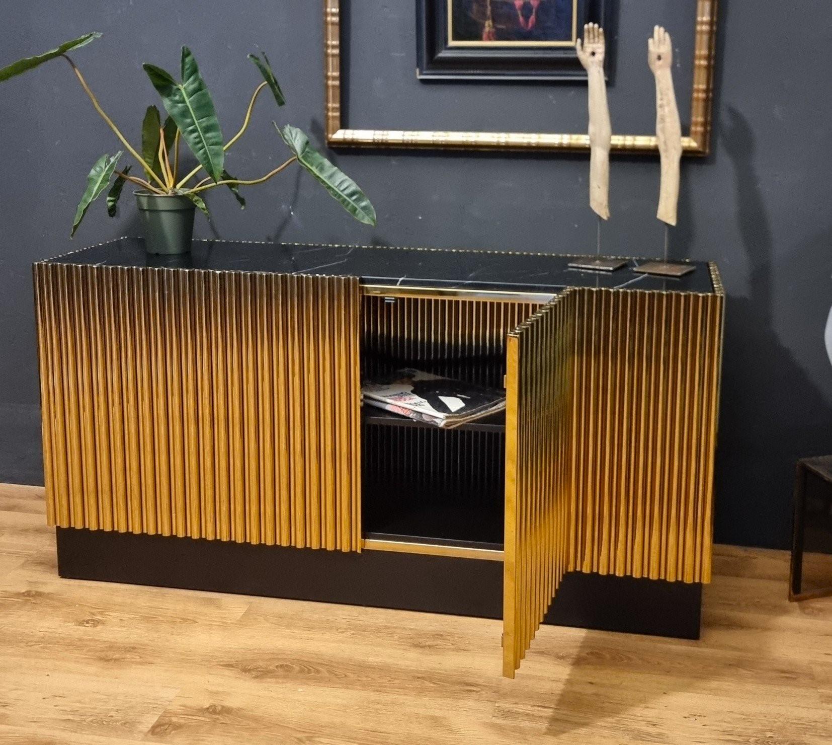 Vintage-Anrichte aus vergoldetem Stahl mit Steinplatte in Marmoroptik im Angebot 4