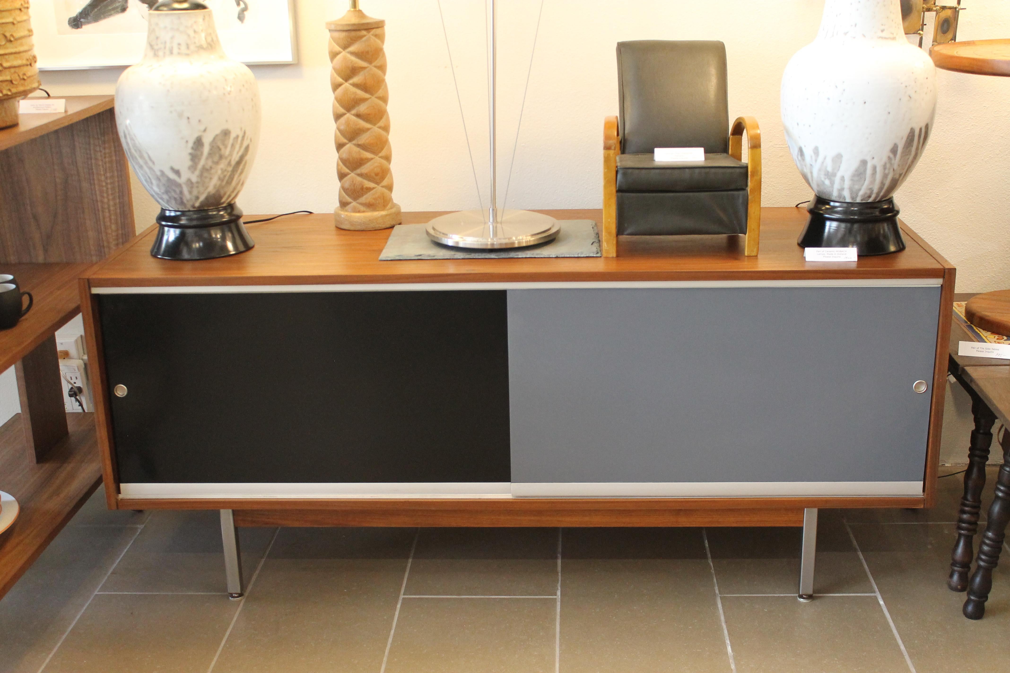 Steel Credenza in the Style of George Nelson With Black and Grey Sliders