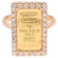 Credit Suisse 1 Gram 24K Fine Gold Bar in a 14k Gold and Diamond Frame Ring