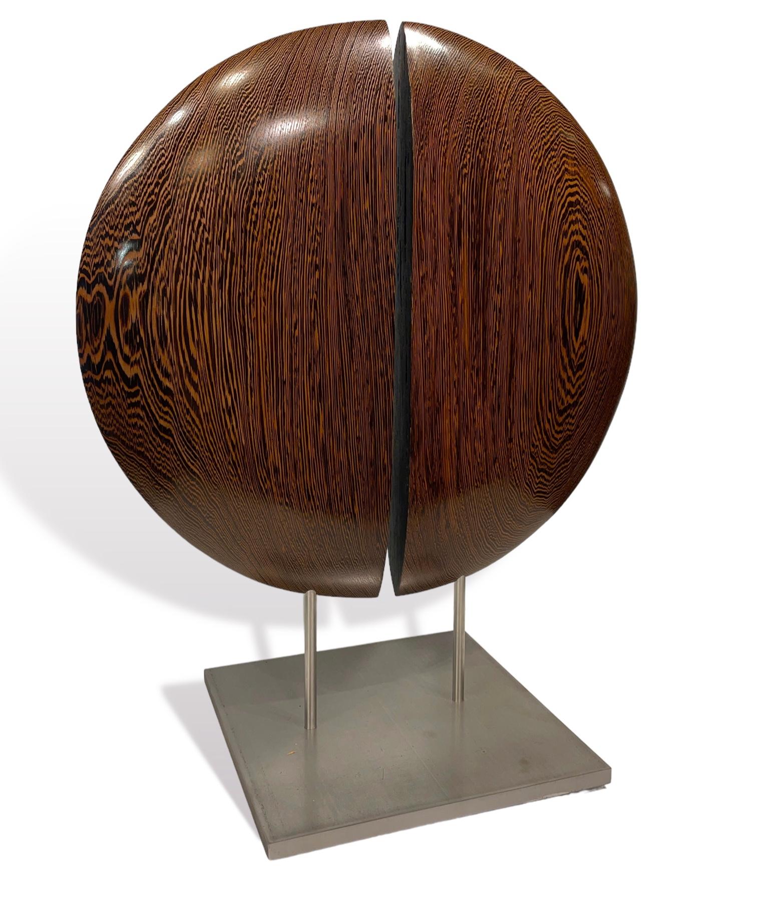 Modern Wenge Wood Double Half-Moon Hand Carved Sculpture Mounted on Steel Base