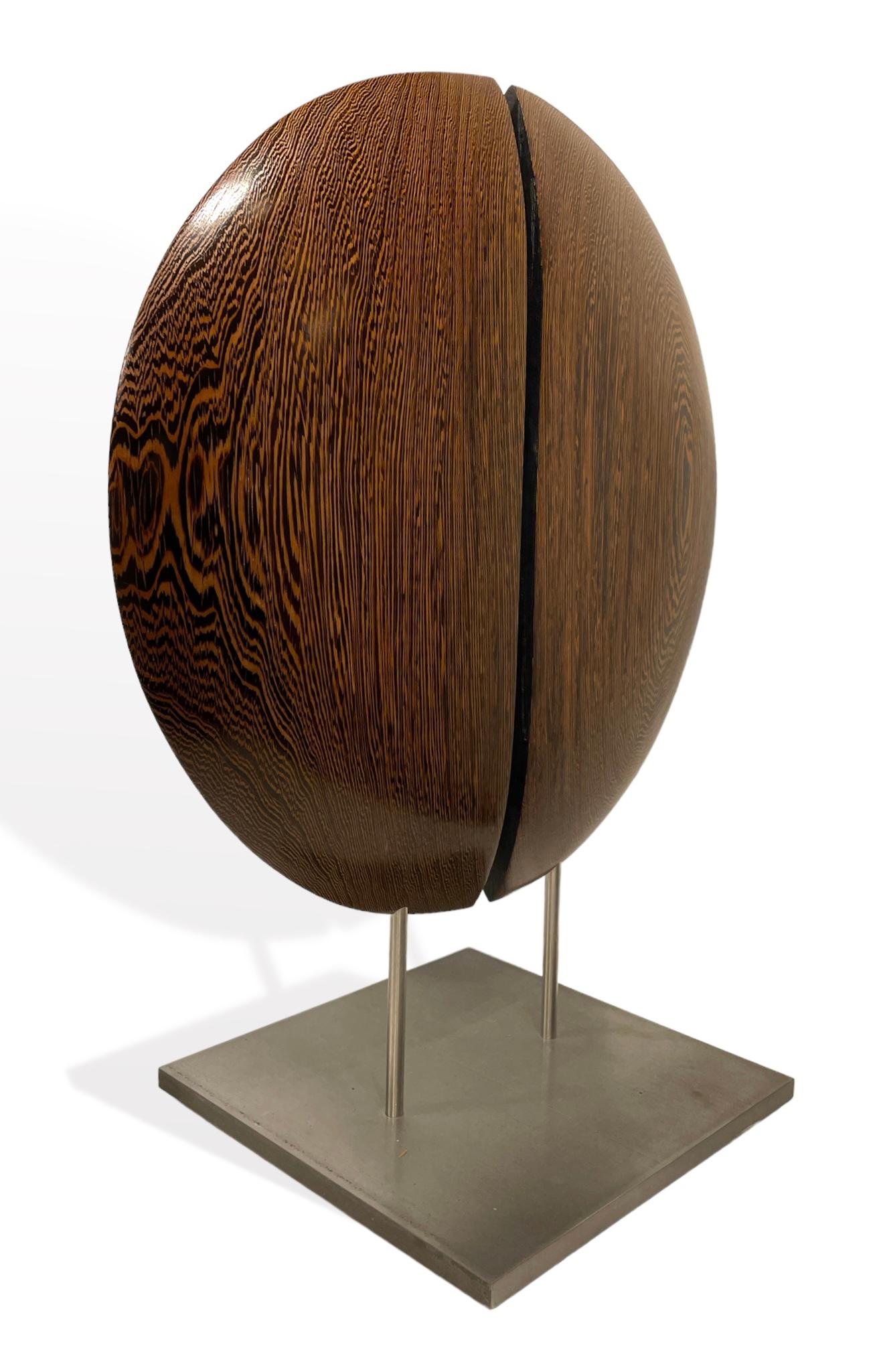 American Wenge Wood Double Half-Moon Hand Carved Sculpture Mounted on Steel Base