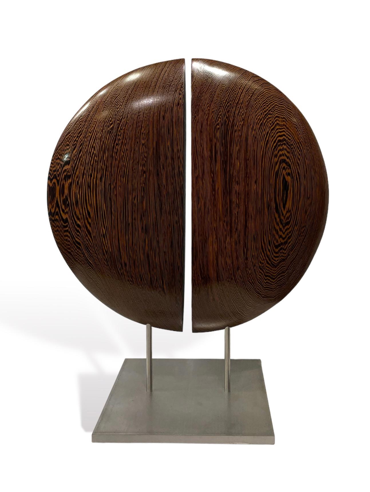 Hand-Carved Wenge Wood Double Half-Moon Hand Carved Sculpture Mounted on Steel Base