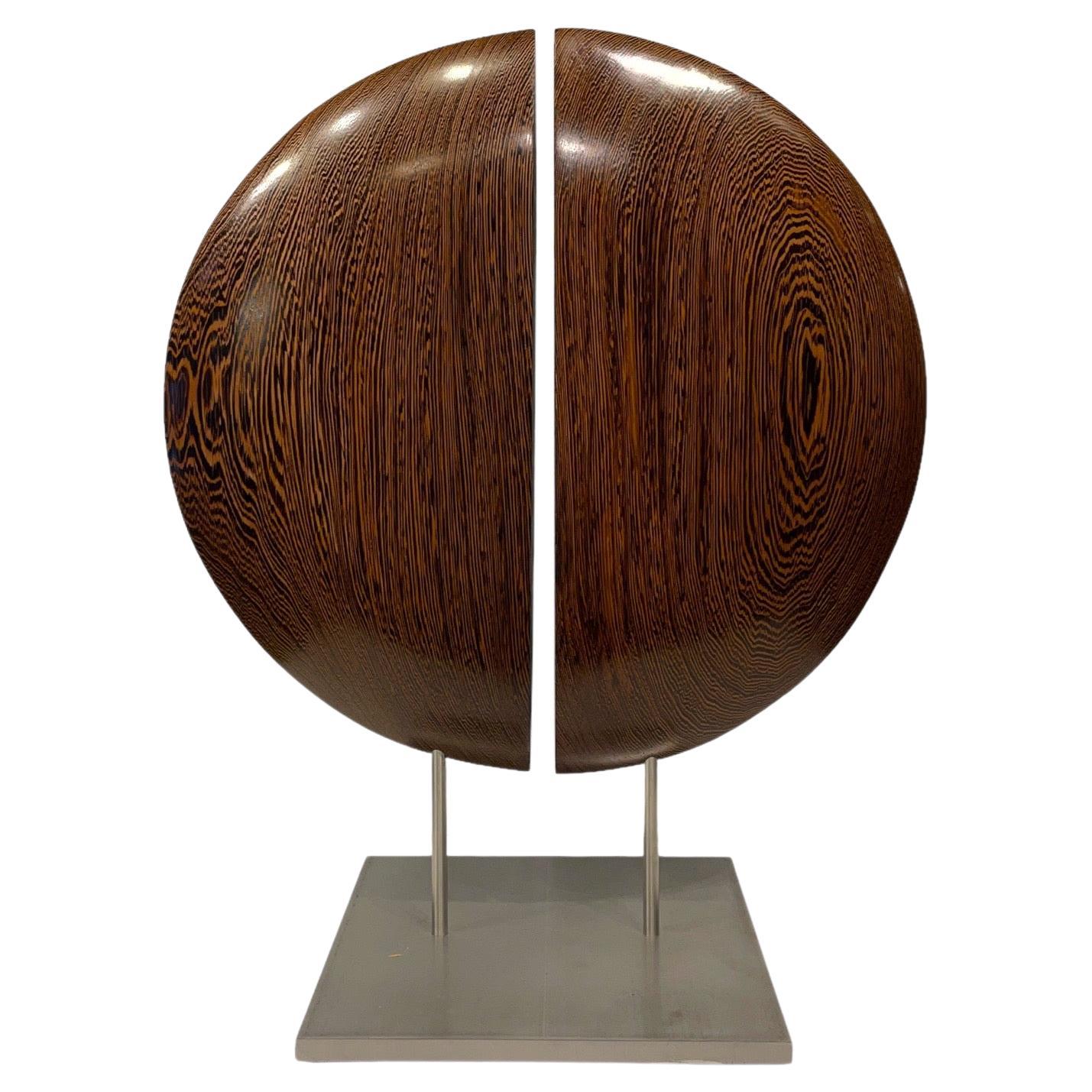 Wenge Wood Double Half-Moon Hand Carved Sculpture Mounted on Steel Base