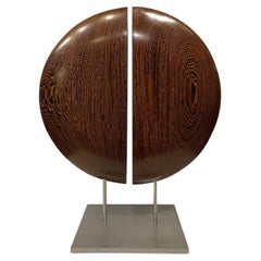 Wenge Wood Double Half-Moon Hand Carved Sculpture Mounted on Steel Base