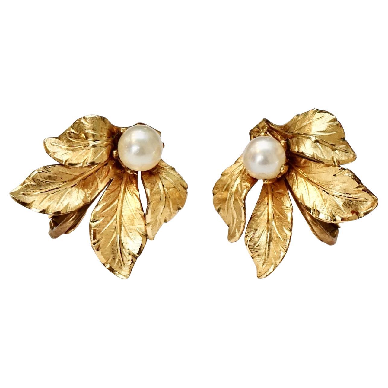 Creed Gold Filled Cultured Pearl and Leaf Screw Back Earrings For Sale