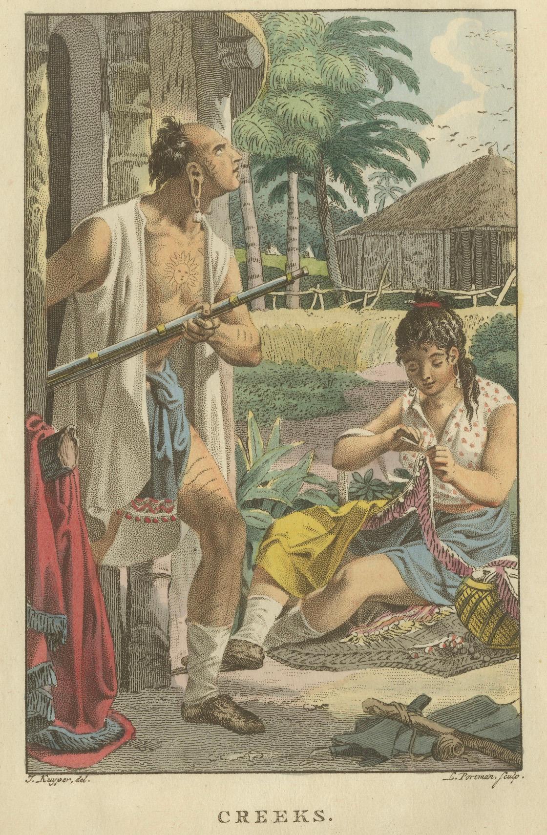 Creek People of North America - Antiker handkolorierter ethnografischer Druck um 1805 (Papier) im Angebot
