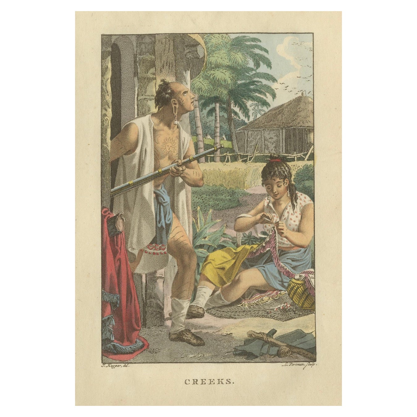 Creek People of North America - Antiker handkolorierter ethnografischer Druck um 1805
