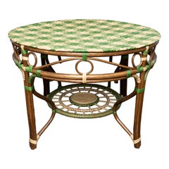 Creel and Gow Green and Cream Rattan Center Table with Hounds Tooth Top Design