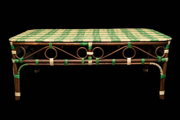 Moroccan Creel and Gow Green and Cream Rattan Coffee Table with Hounds Tooth Top Design