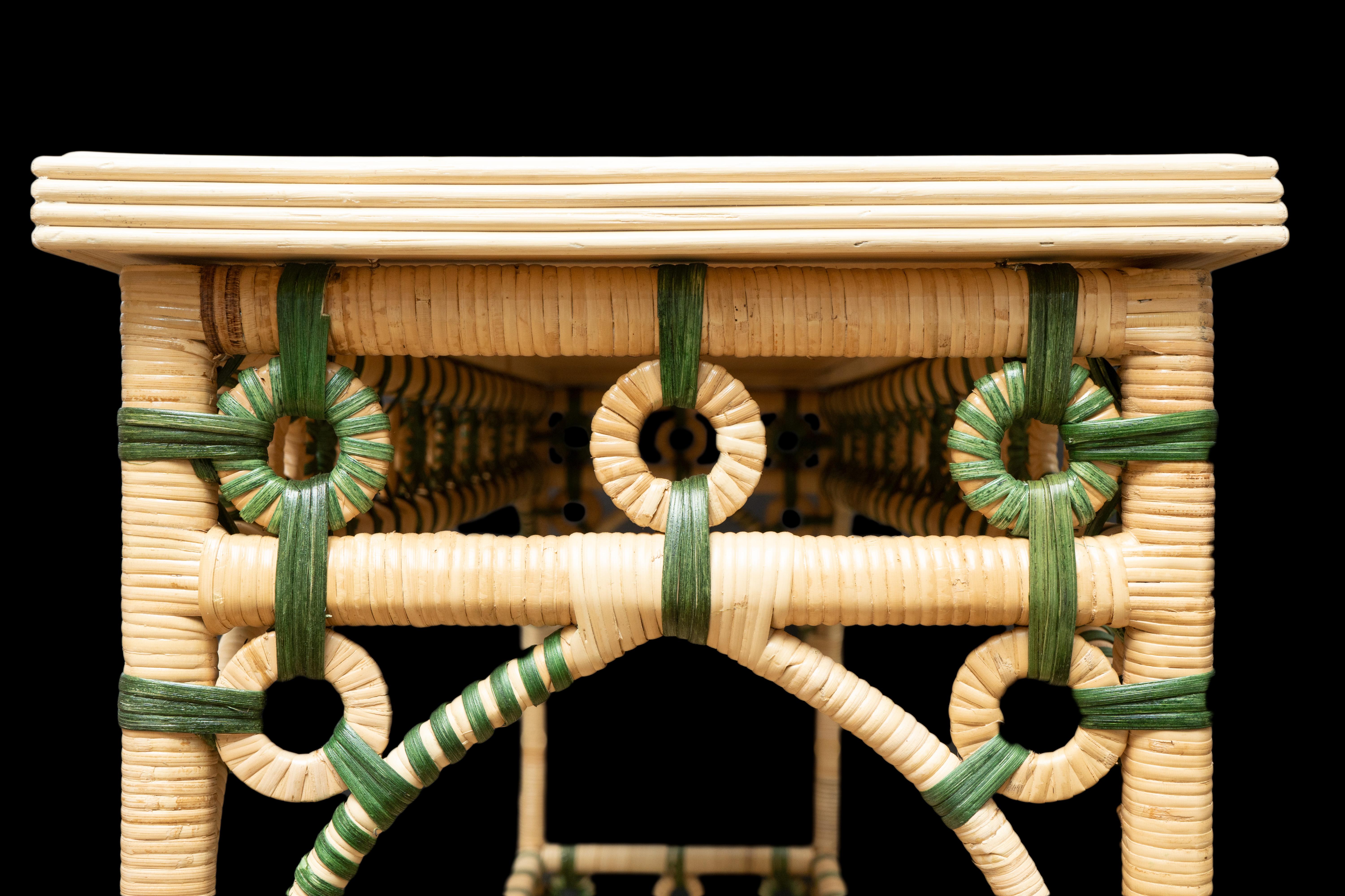 Creel and Gow Rattan Console Green and Cream In New Condition In New York, NY