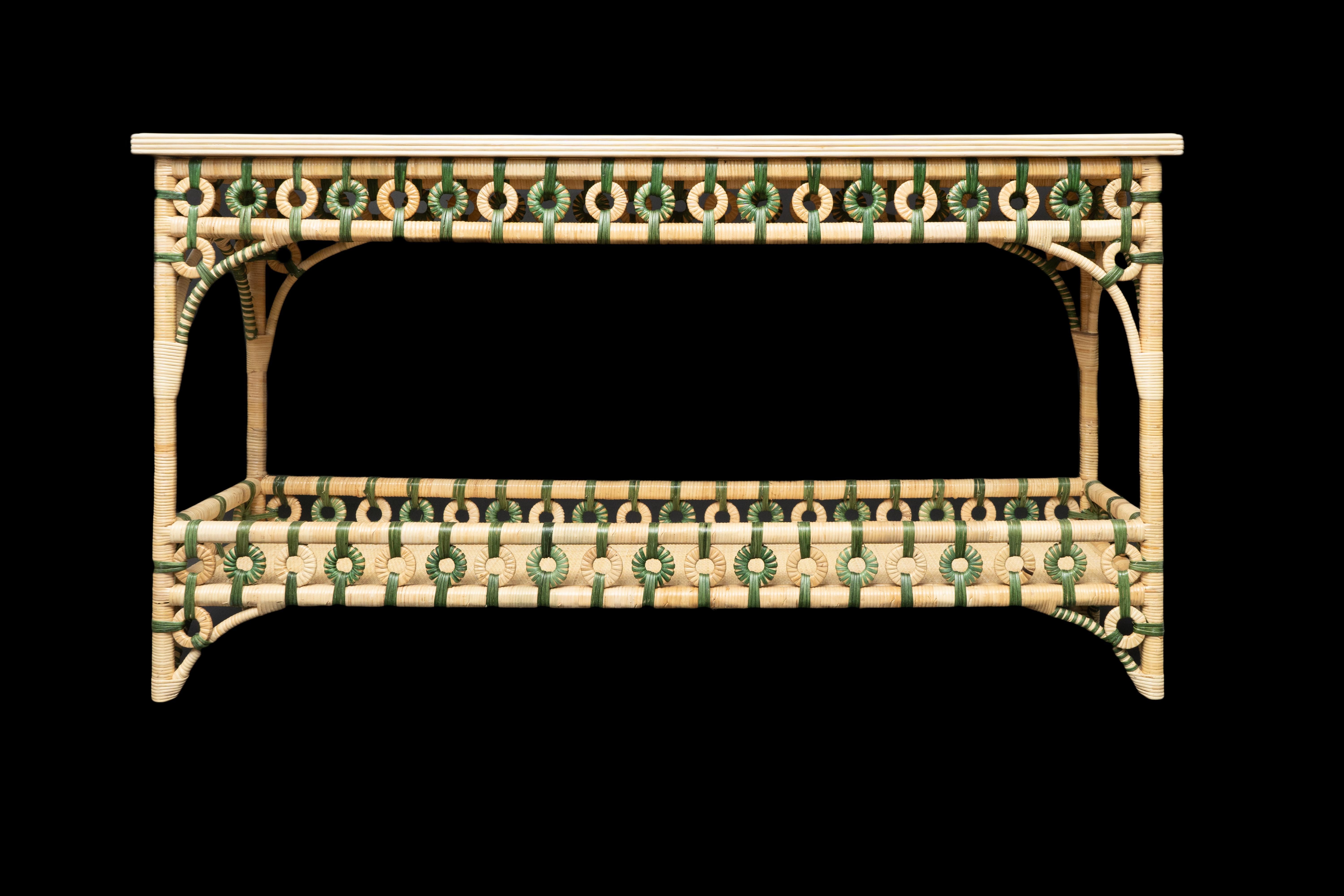 Contemporary Creel and Gow Rattan Console Green and Cream