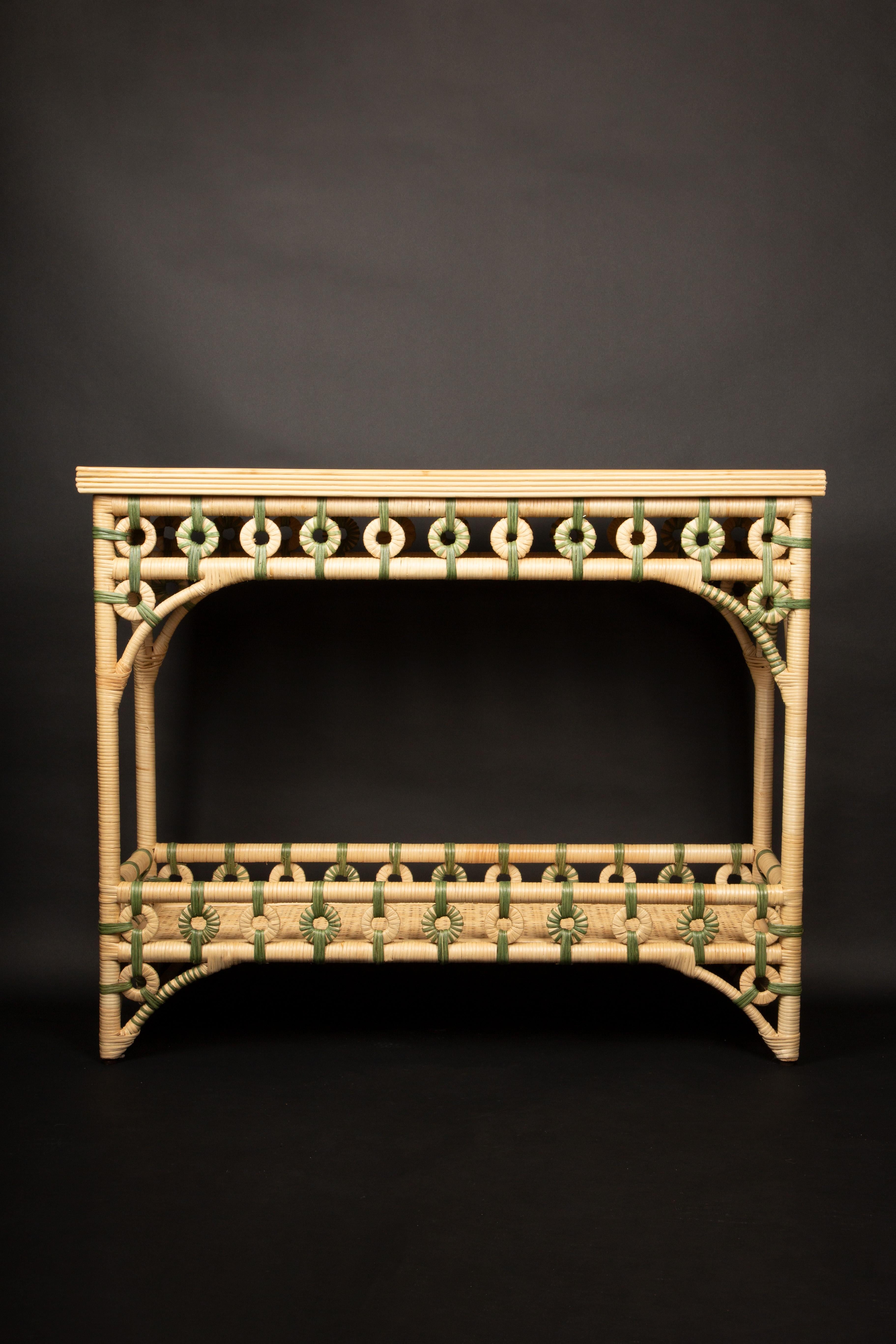 Rattan Console Green: made exclusively for Creel and Gow in Morocco.

Measures: 44