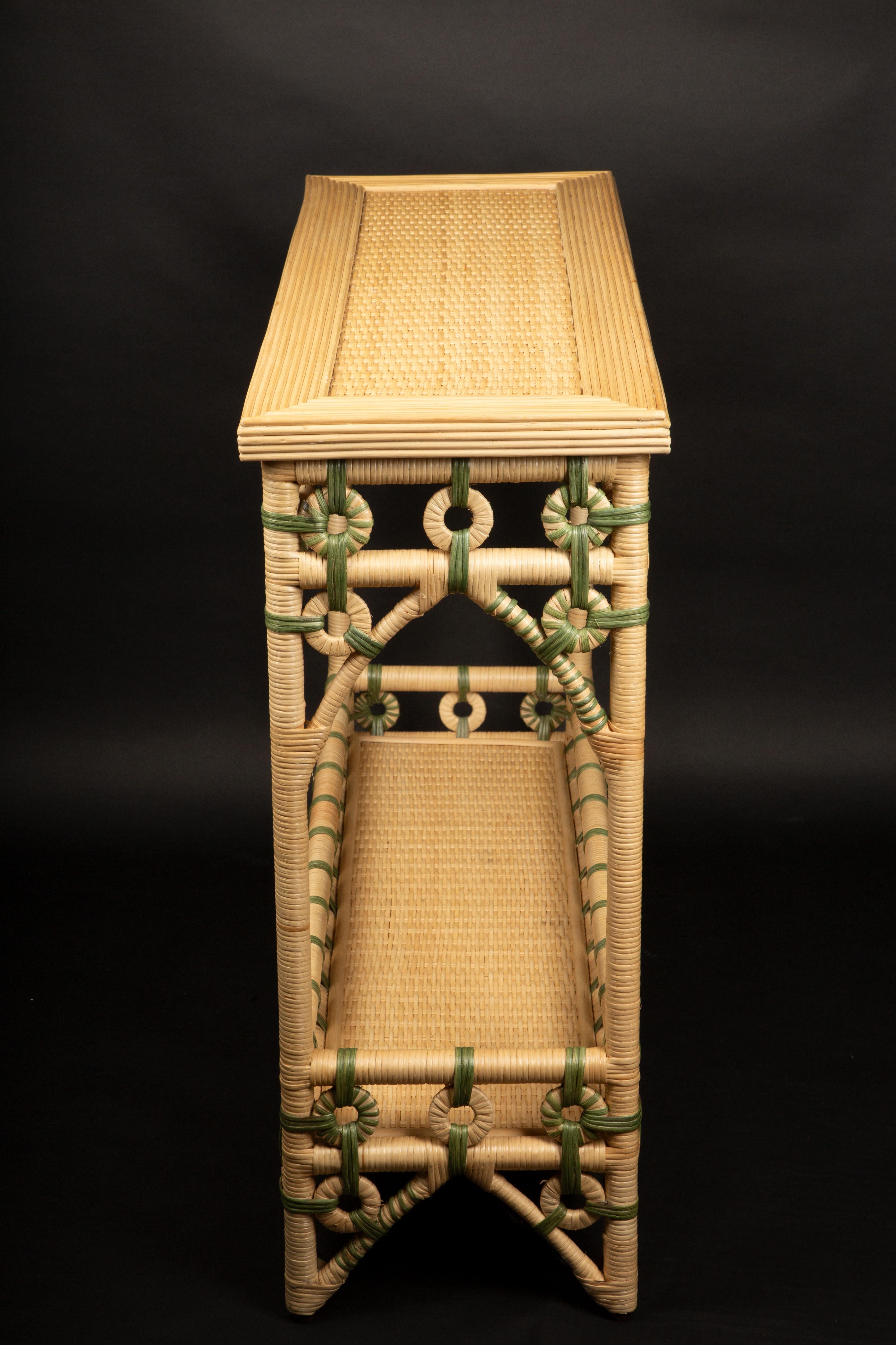 Creel and Gow Rattan Console Green In New Condition In New York, NY