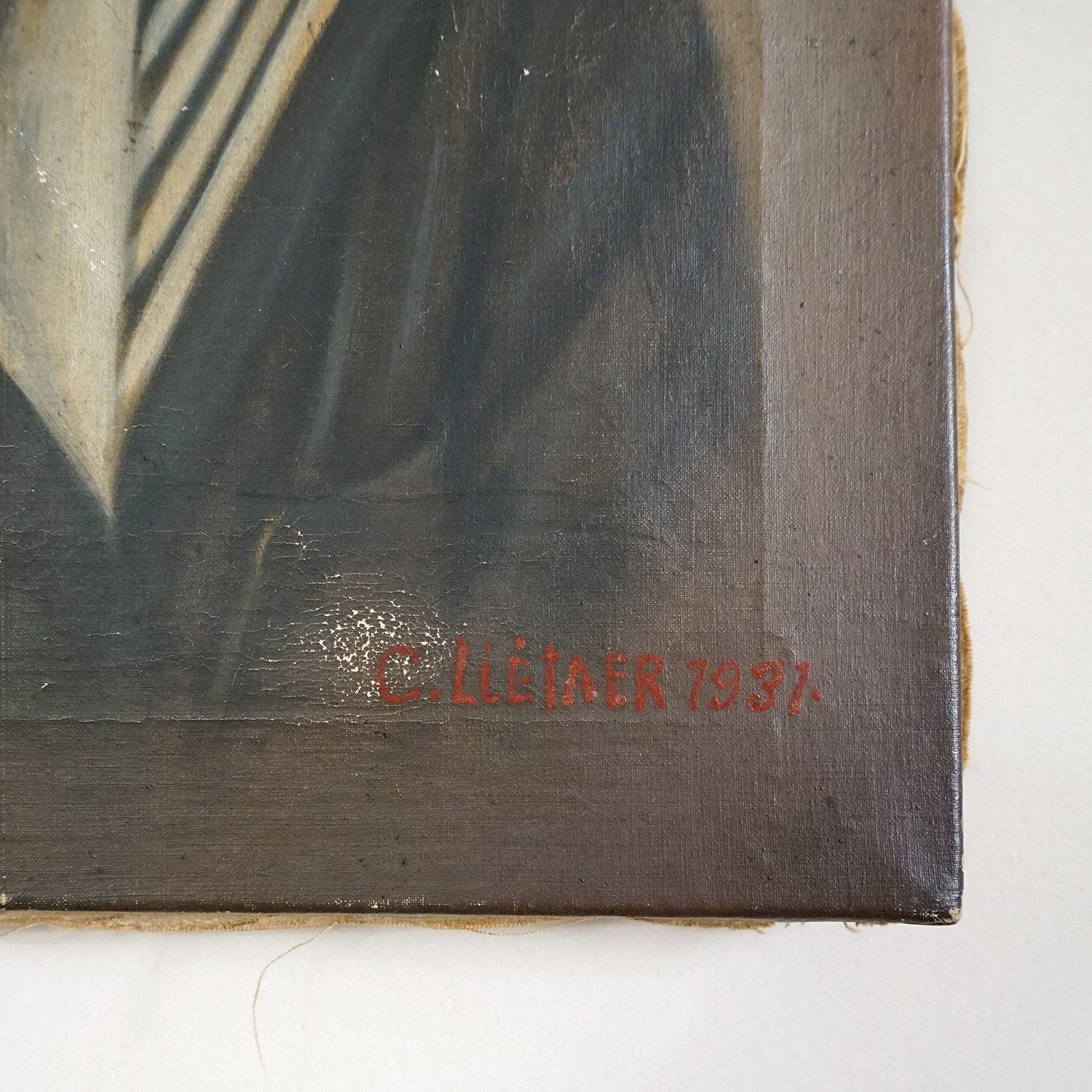 20th Century Creepy French Sailor Boy, Oil on Photograph, 1930s Antique Original Oil Painting