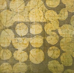 "DitDot 11", abstract soft ground etching print, layered yellow, pale gray.