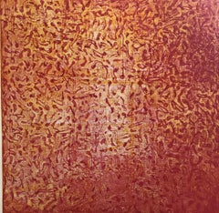 "DitDot Eight", abstract soft ground etching print, yellow, cadmium red medium.
