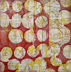 "Fabrique Seven", abstract soft ground etching print, pale yellow, silver, red.