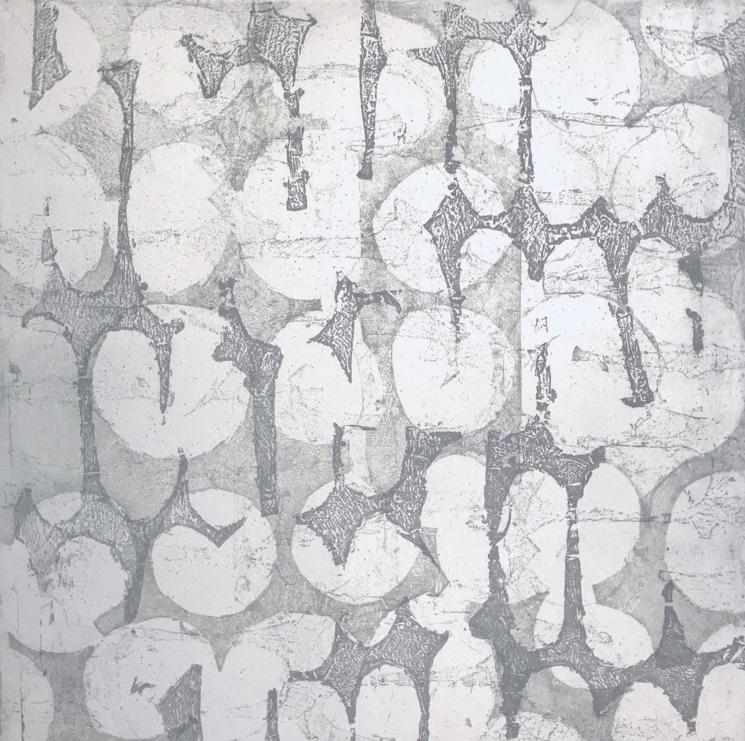 Creighton Michael Abstract Print - "Mute Eight", abstract soft ground etching monoprint, white, cool gray, silver .