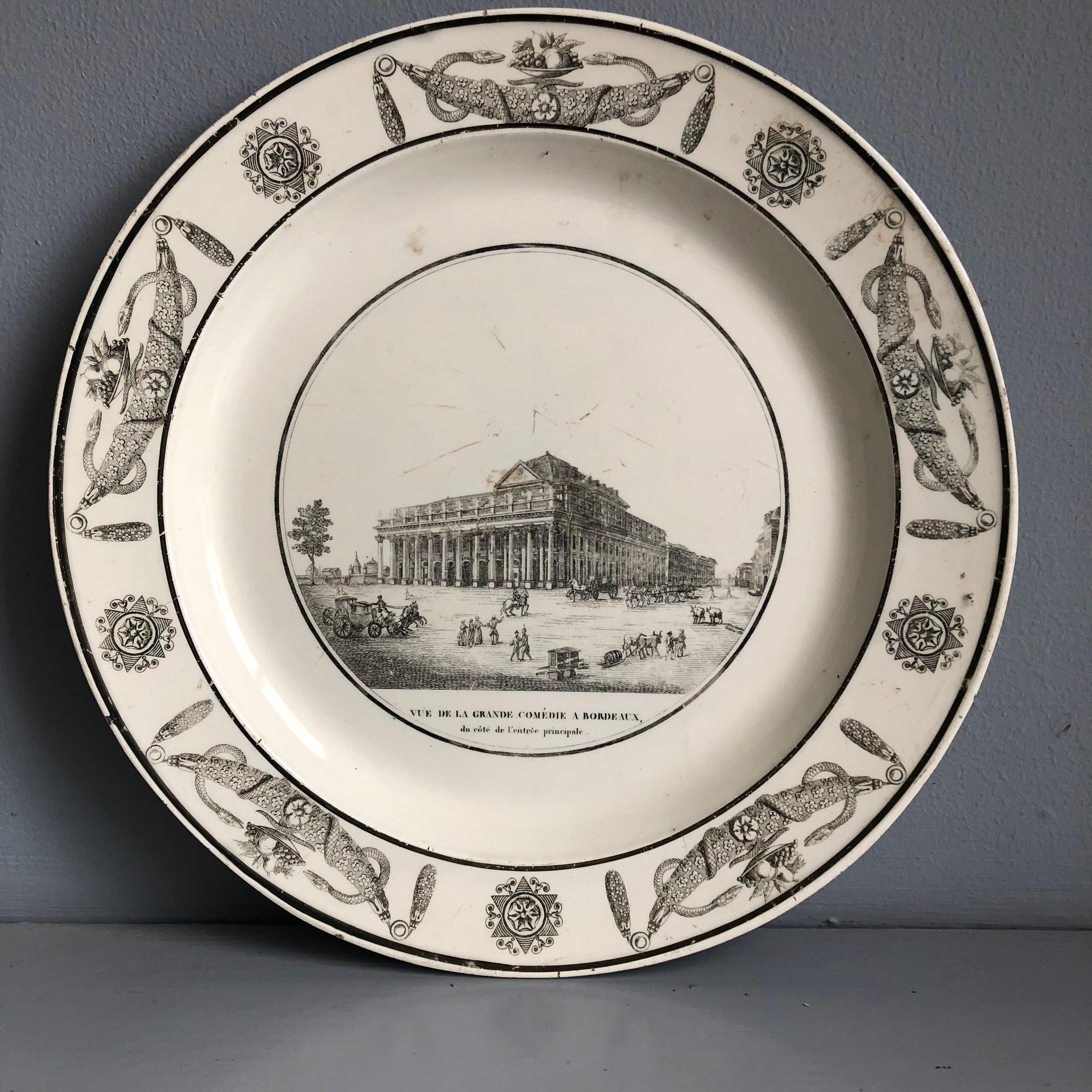 A transferware plate in the manner of Creil et Montereau circa 1820, depicting the Grande Comedie a Bordeaux.