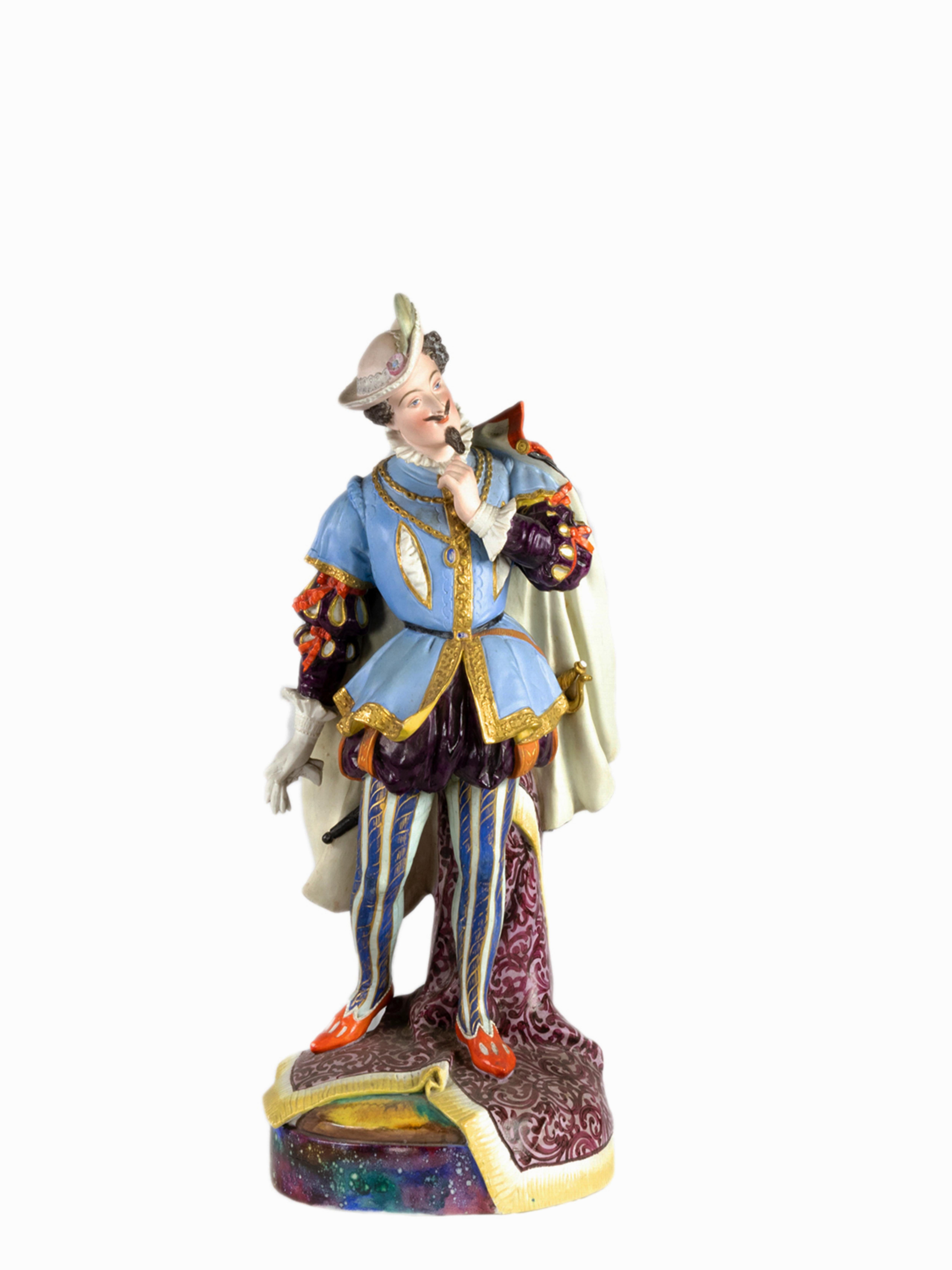A pair of polychrome earthenware statues of a Baroque styled couple (man and woman) not common in Creil Montereau and signed 'CREIL LM C'. 
Dimensions: 53.5 cm height 25 cm diameter