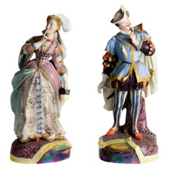 Antique Creil et Montereau Baroque Faience Statues, 19th Century