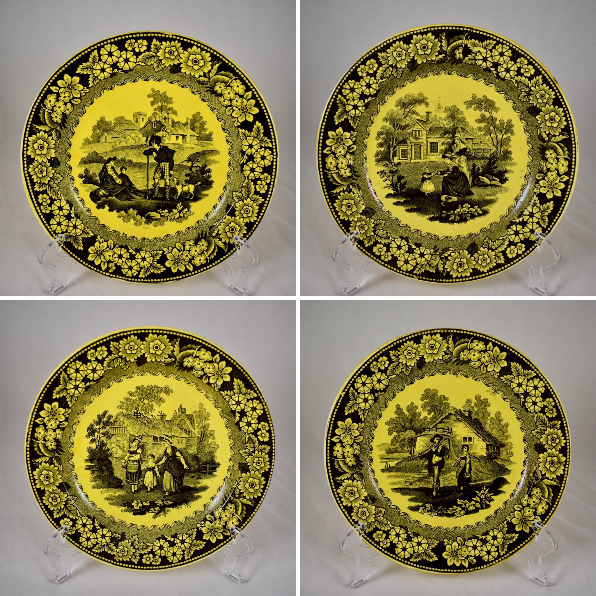 Creil et Montereau Canary Yellow Creamware Transferware Figural & Floral Plate For Sale 4