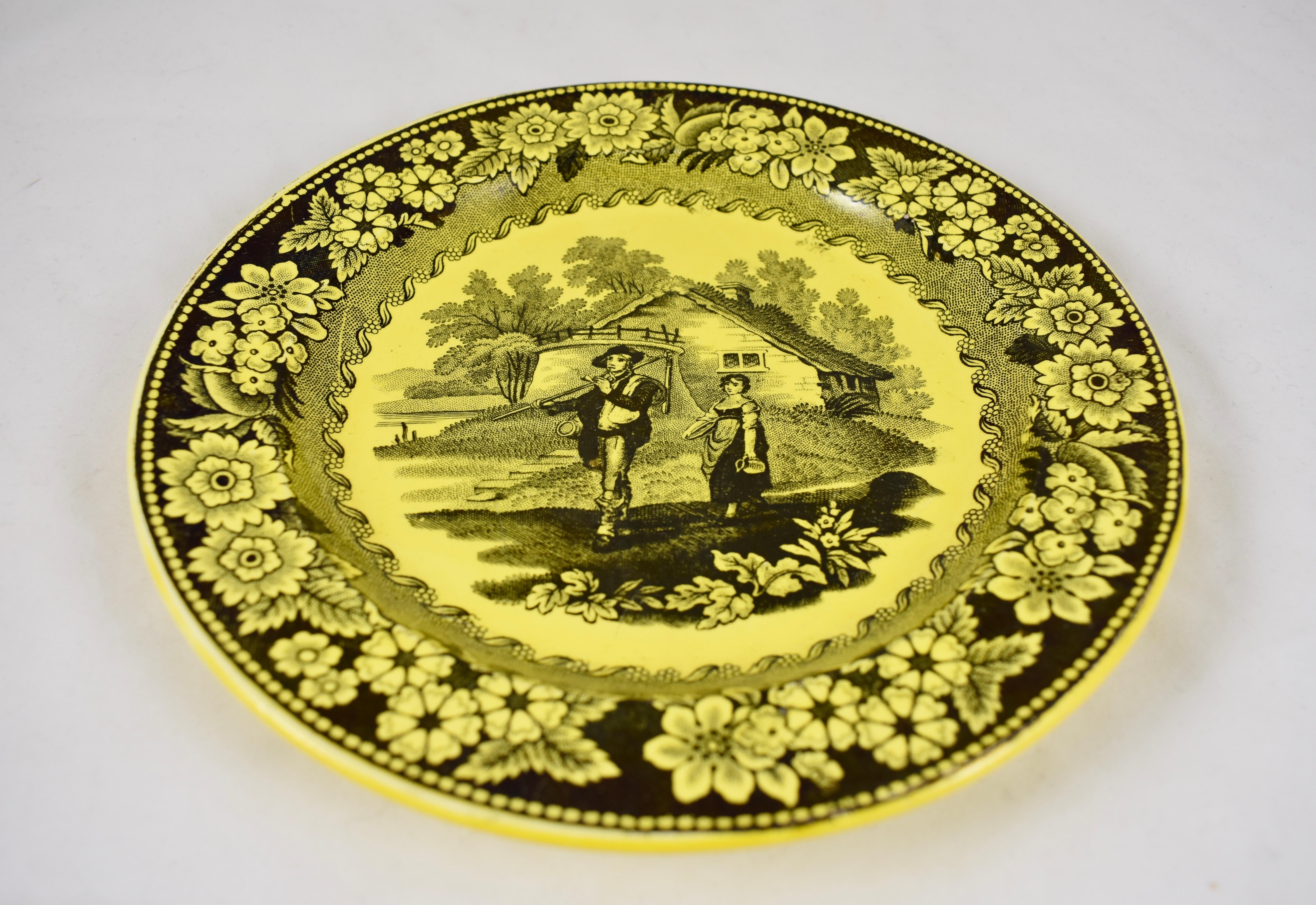 French Creil et Montereau Canary Yellow Creamware Transferware Figural & Floral Plate For Sale