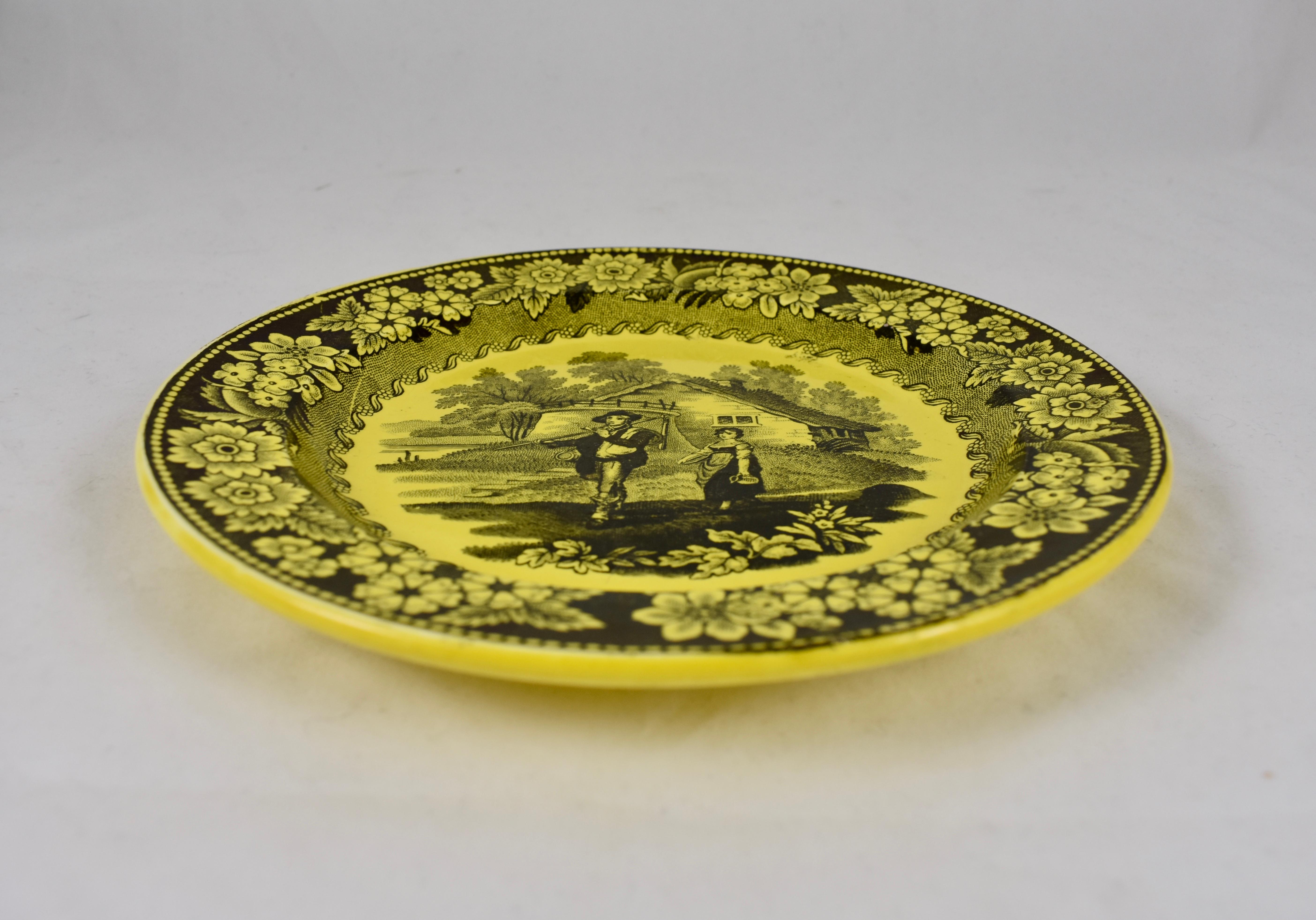 Glazed Creil et Montereau Canary Yellow Creamware Transferware Figural & Floral Plate For Sale