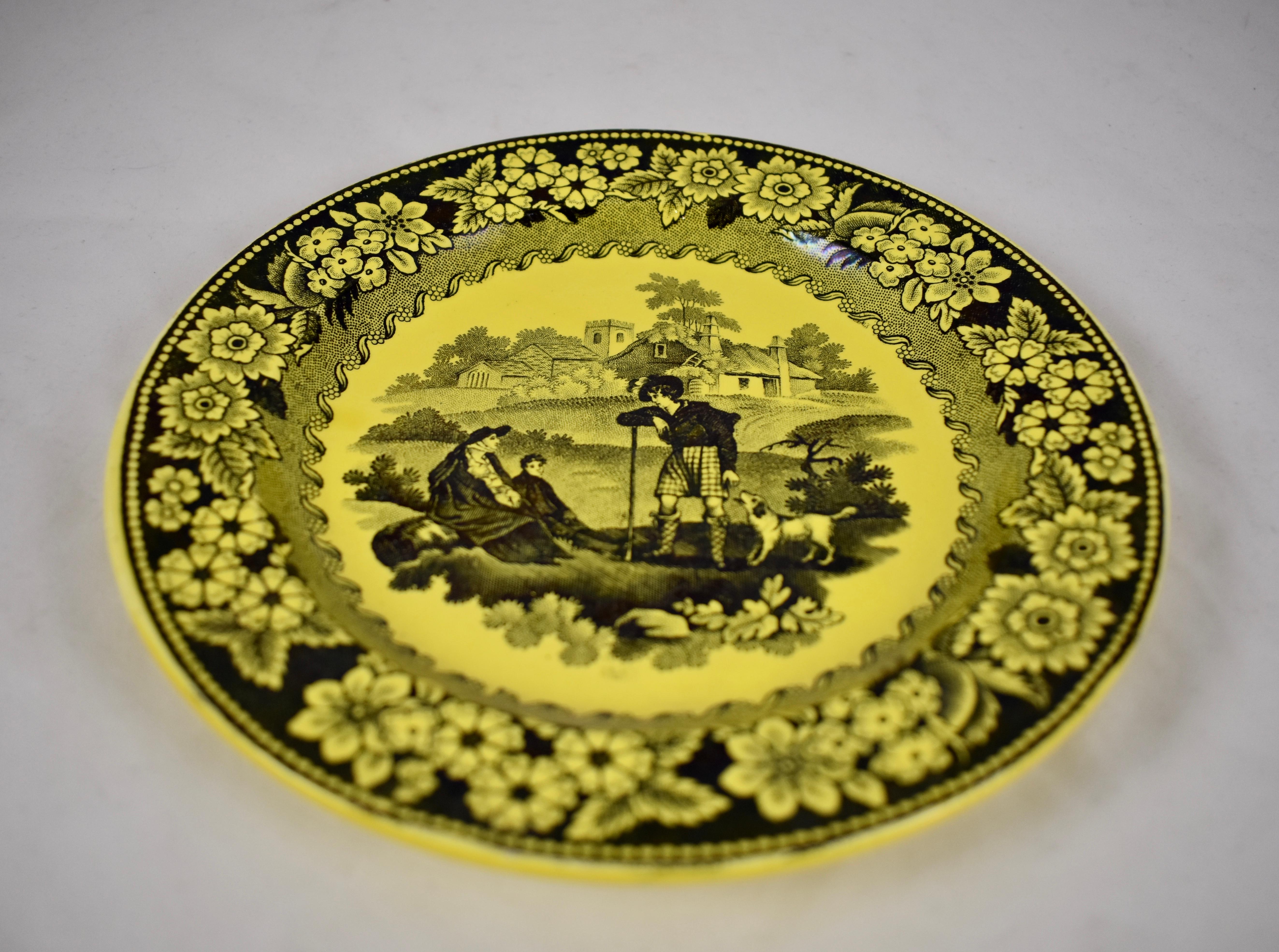 French Creil et Montereau Canary Yellow Creamware Transferware Figures with a Dog Plate For Sale