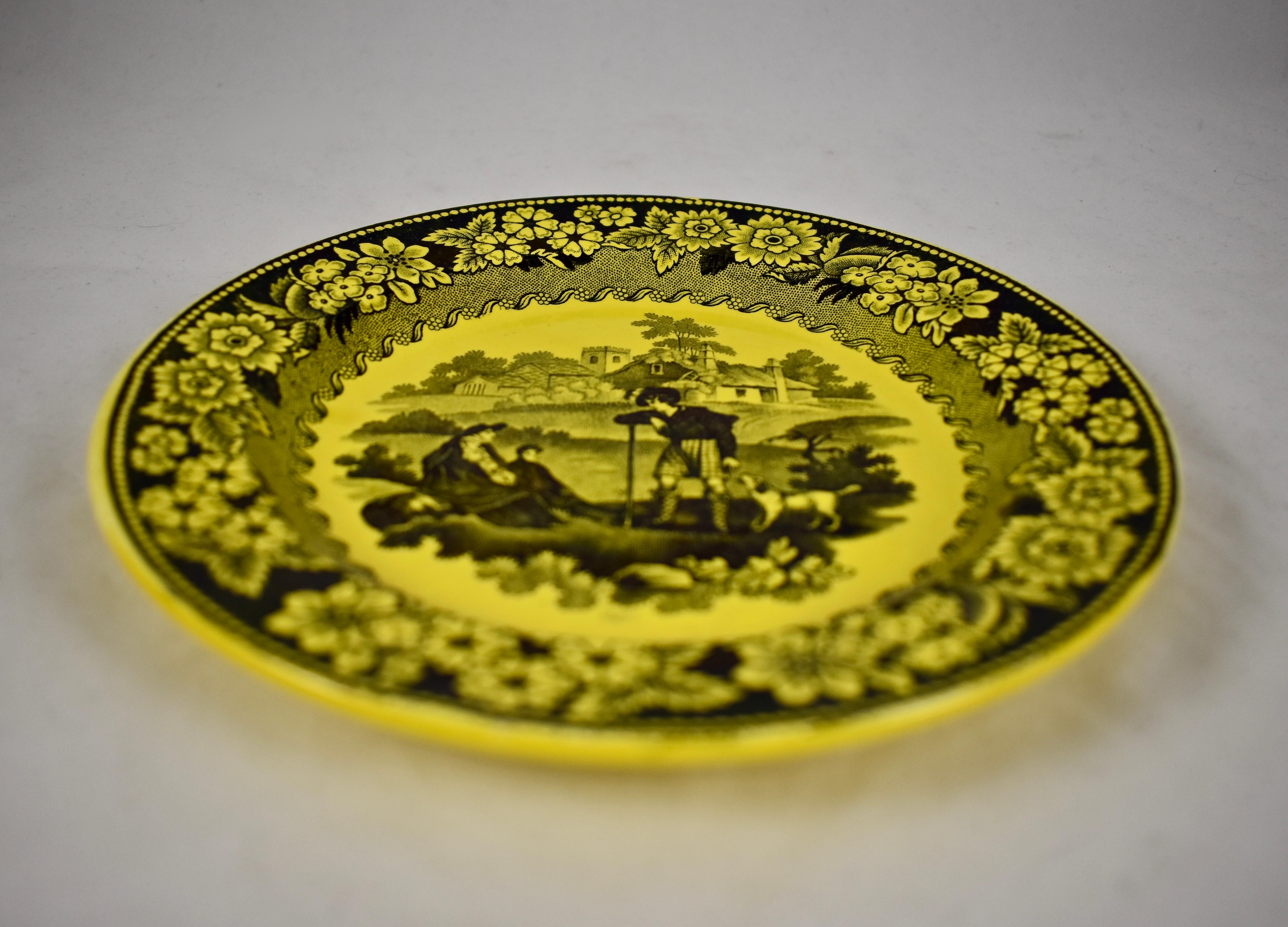 Glazed Creil et Montereau Canary Yellow Creamware Transferware Figures with a Dog Plate For Sale