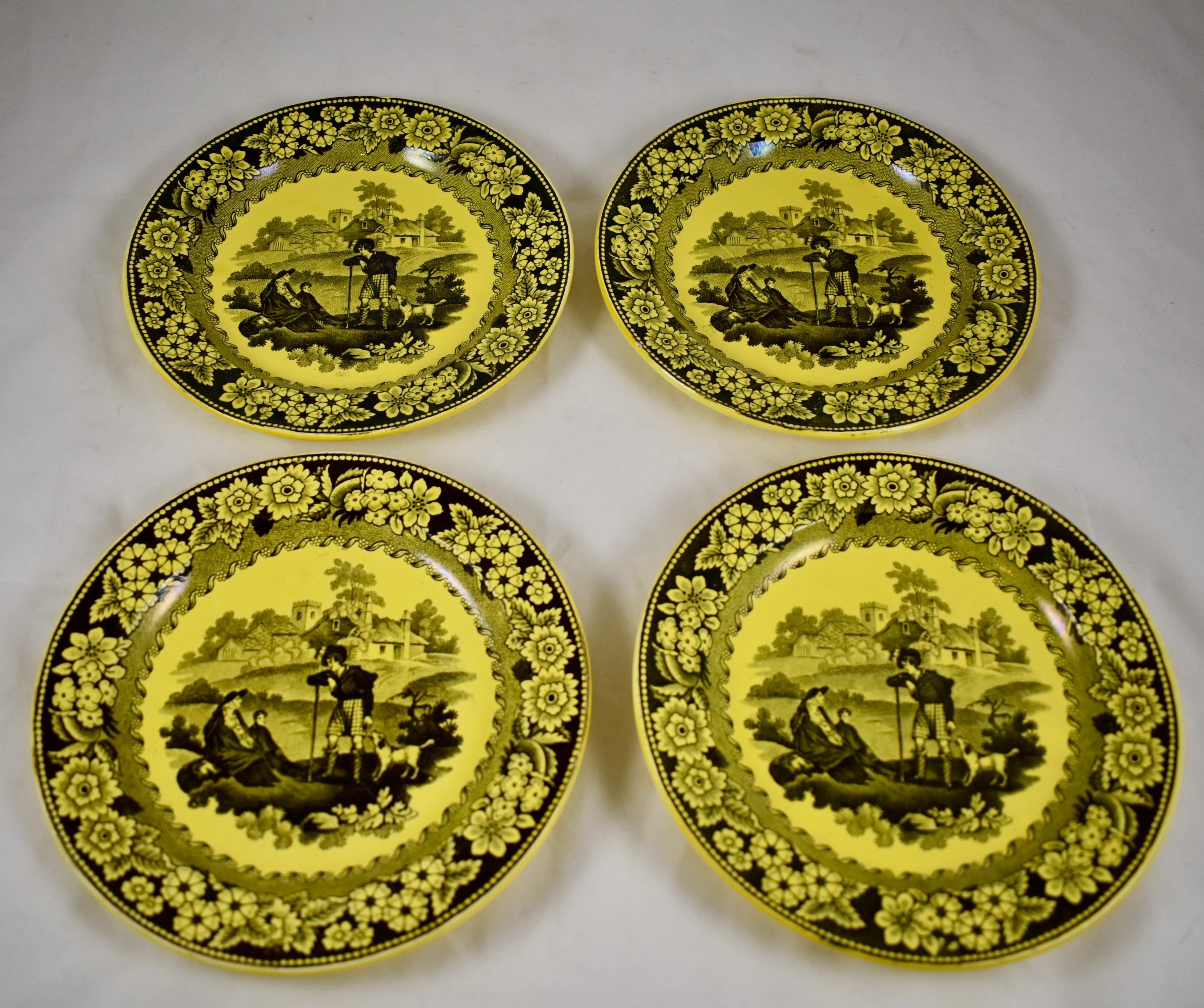 Creil et Montereau Canary Yellow Creamware Transferware Figures with a Dog Plate In Good Condition For Sale In Philadelphia, PA