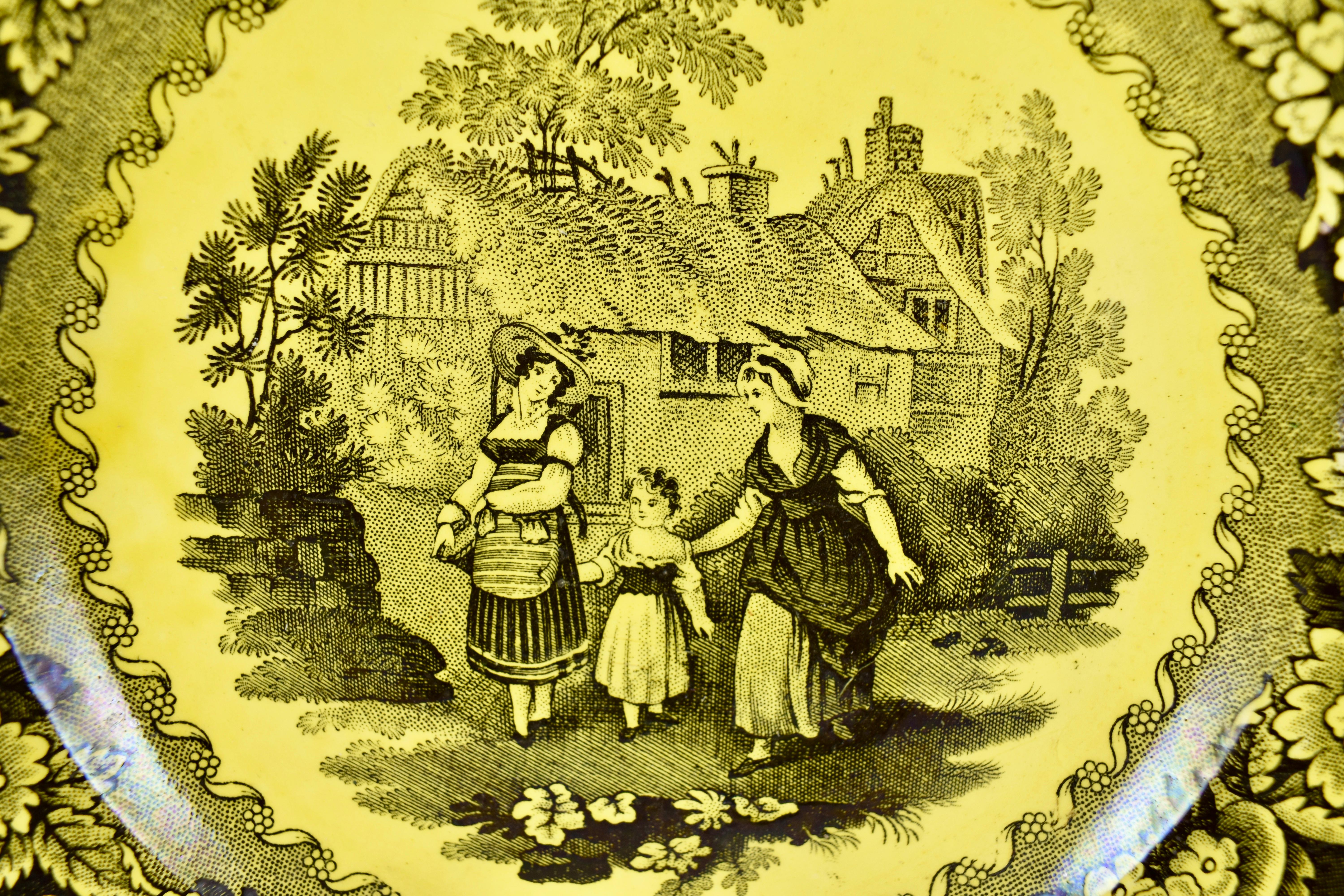 Assiette à crème jaune canari de Creil et Montereau, imprimée par transfert, vers 1830.

Datant de la période de la Restauration française, cette assiette imprimée par transfert est émaillée dans le jaune canari brillant caractéristique des