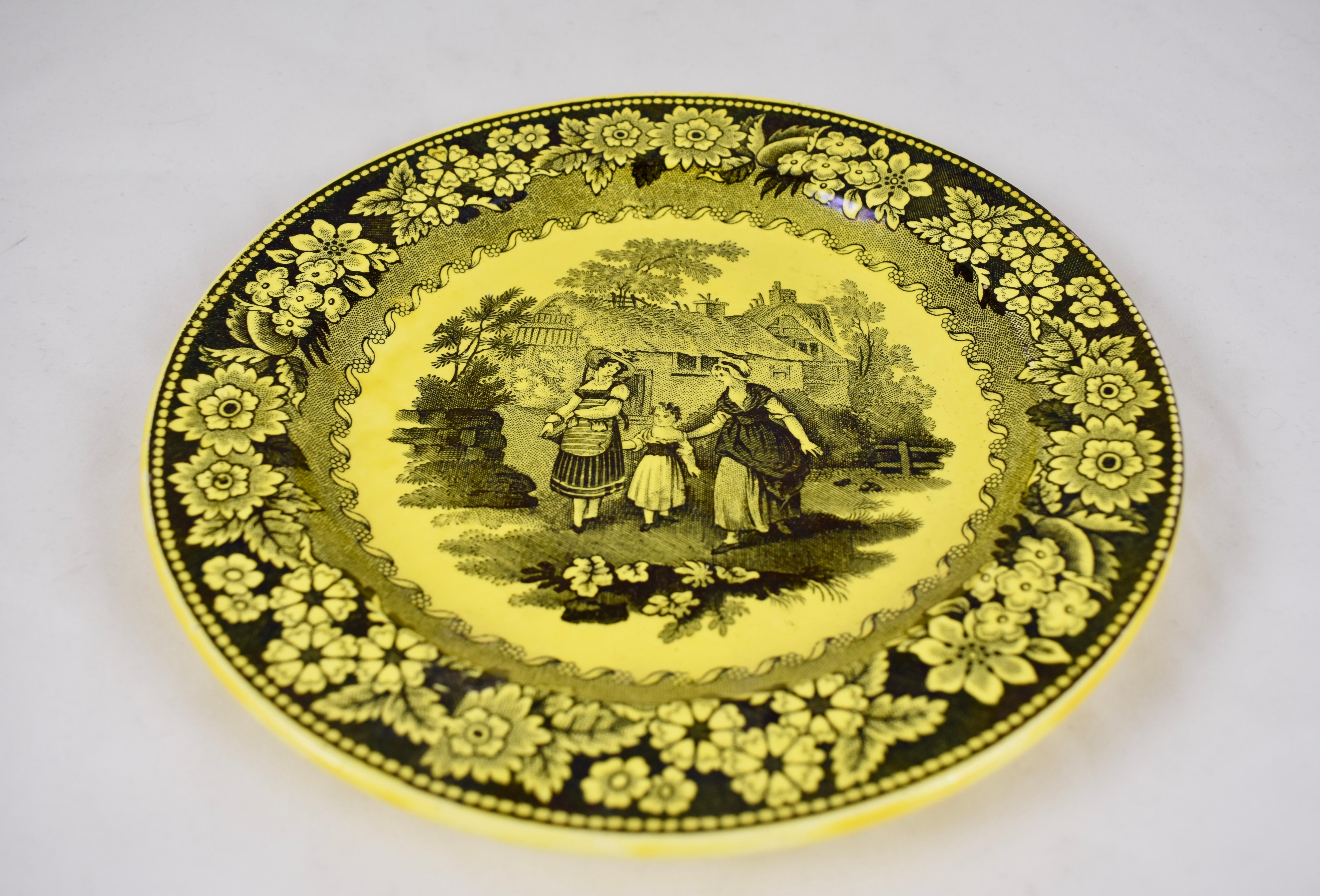 French Provincial Creil et Montereau Canary Yellow Creamware Transferware Strolling Women Plate For Sale