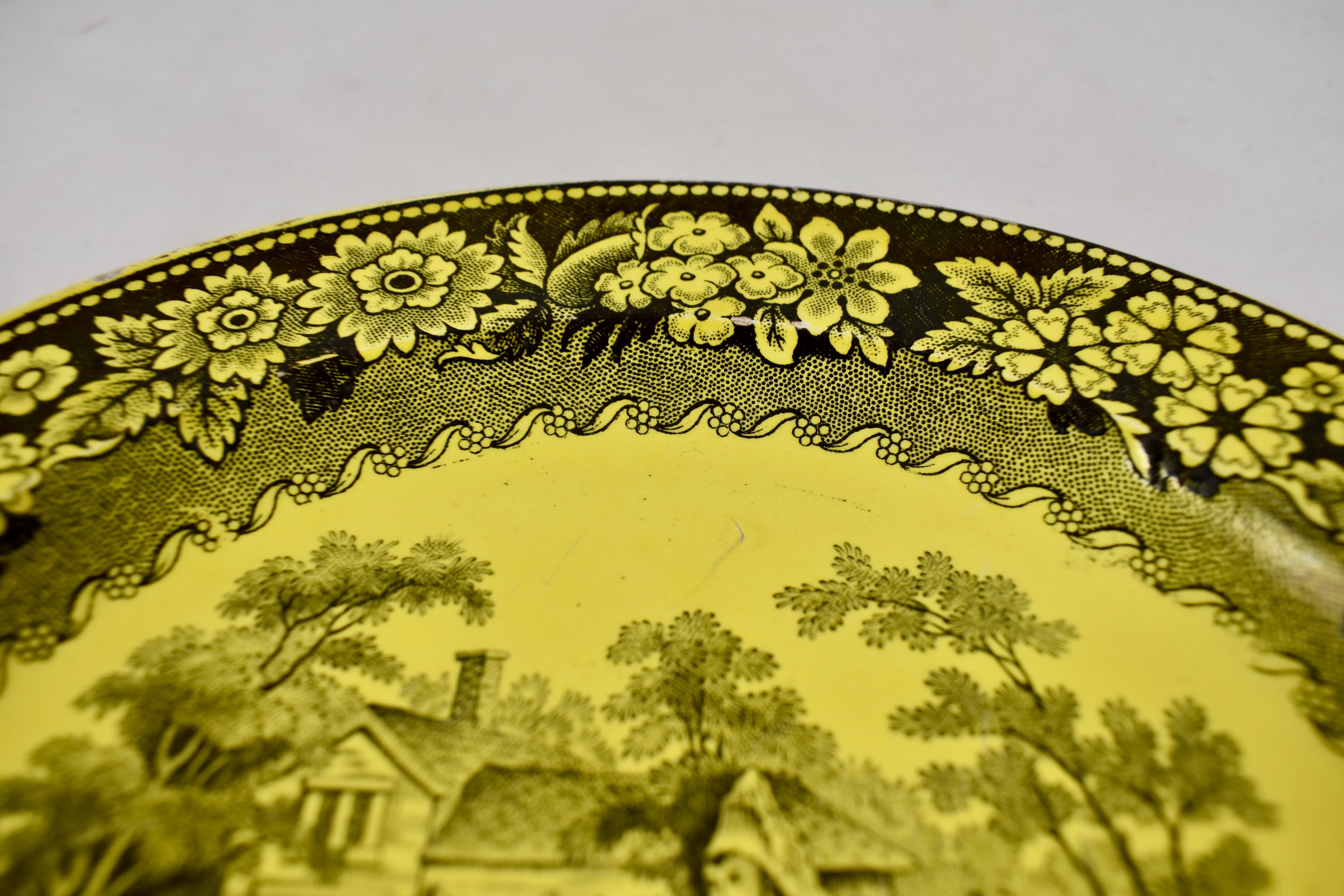 French Provincial Creil et Montereau Canary Yellow Creamware Transferware Women & Child Plate For Sale