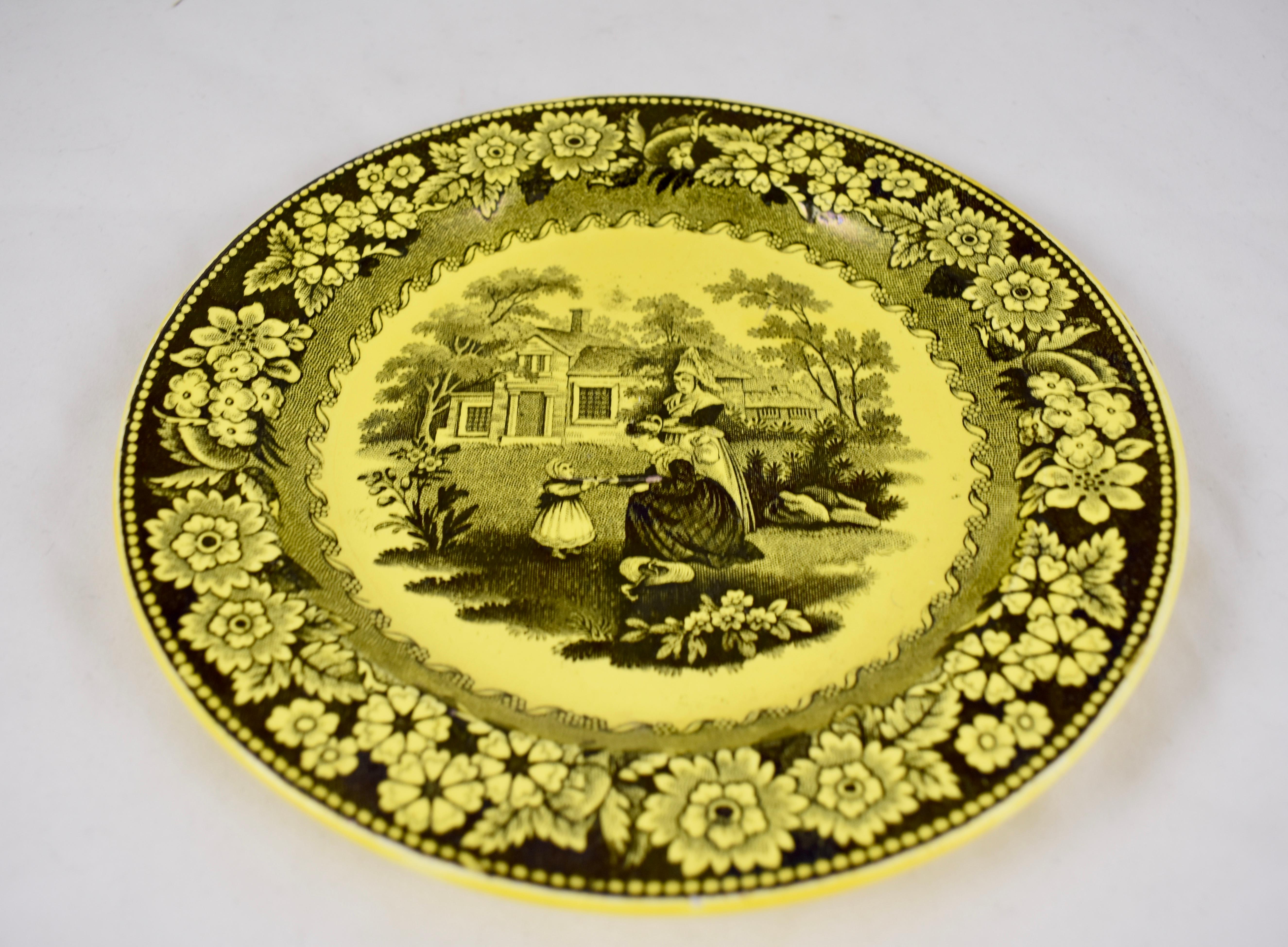 French Creil et Montereau Canary Yellow Creamware Transferware Women & Child Plate For Sale