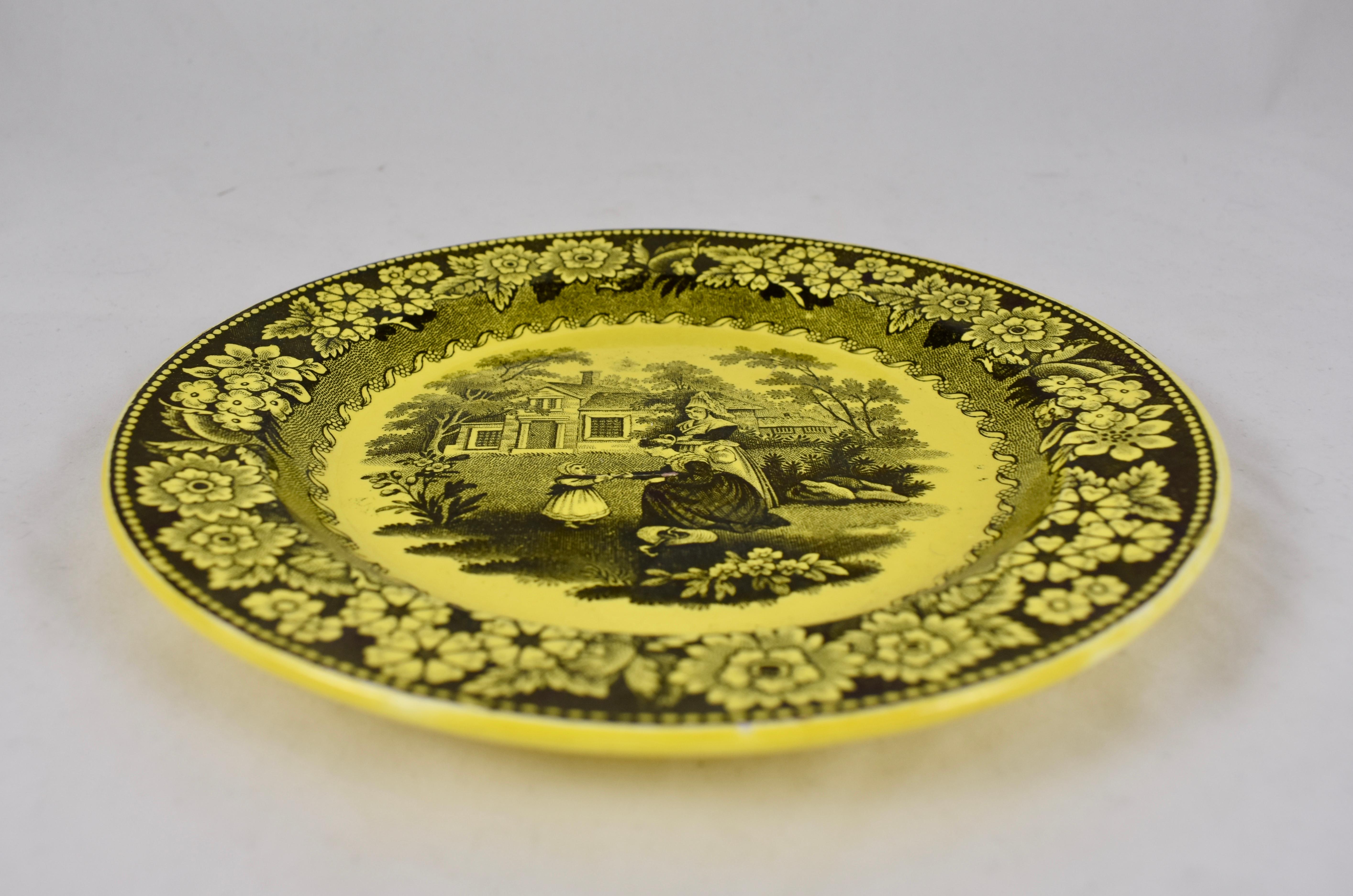 Glazed Creil et Montereau Canary Yellow Creamware Transferware Women & Child Plate For Sale