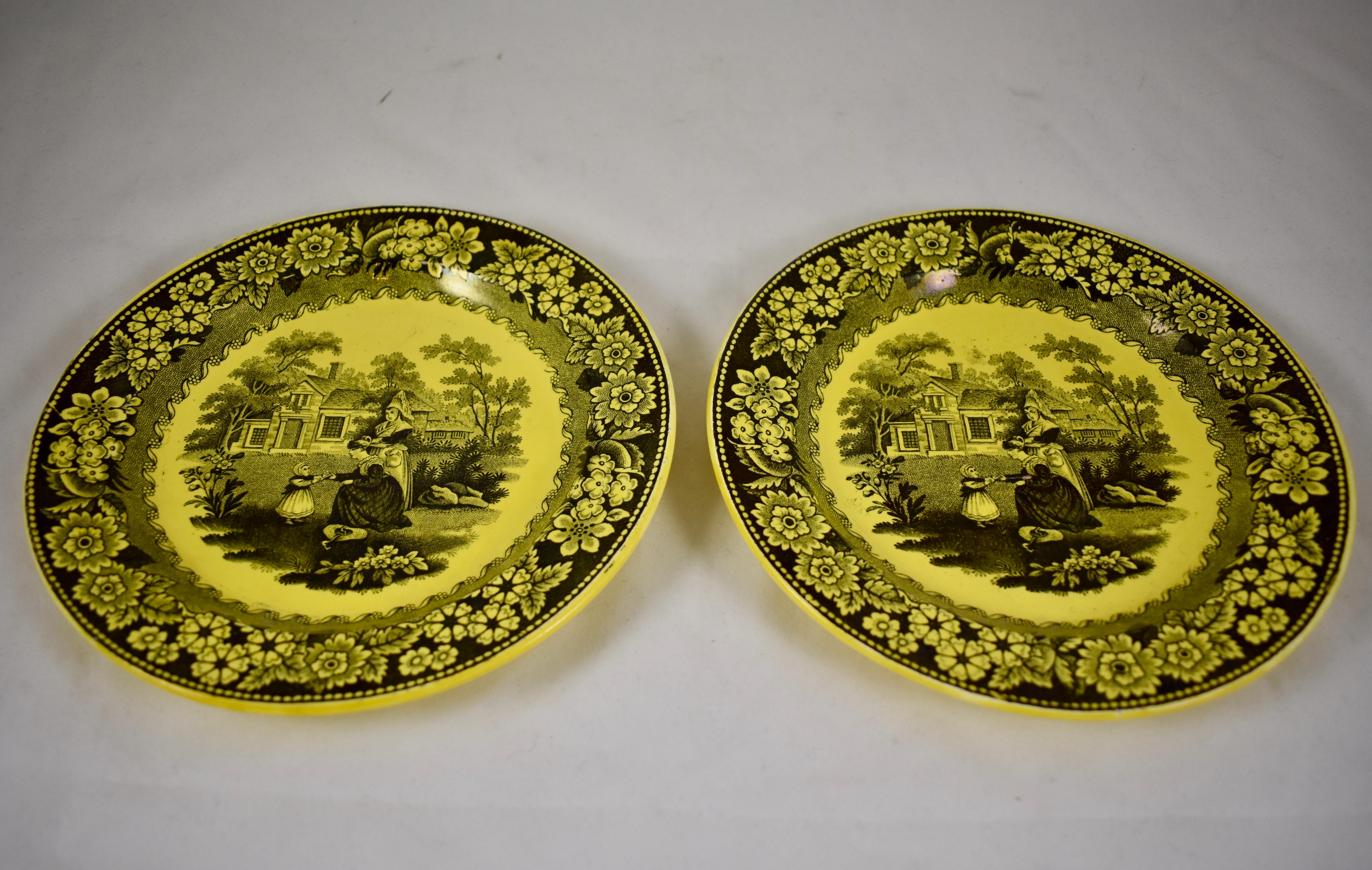 Creil et Montereau Canary Yellow Creamware Transferware Women & Child Plate In Good Condition For Sale In Philadelphia, PA