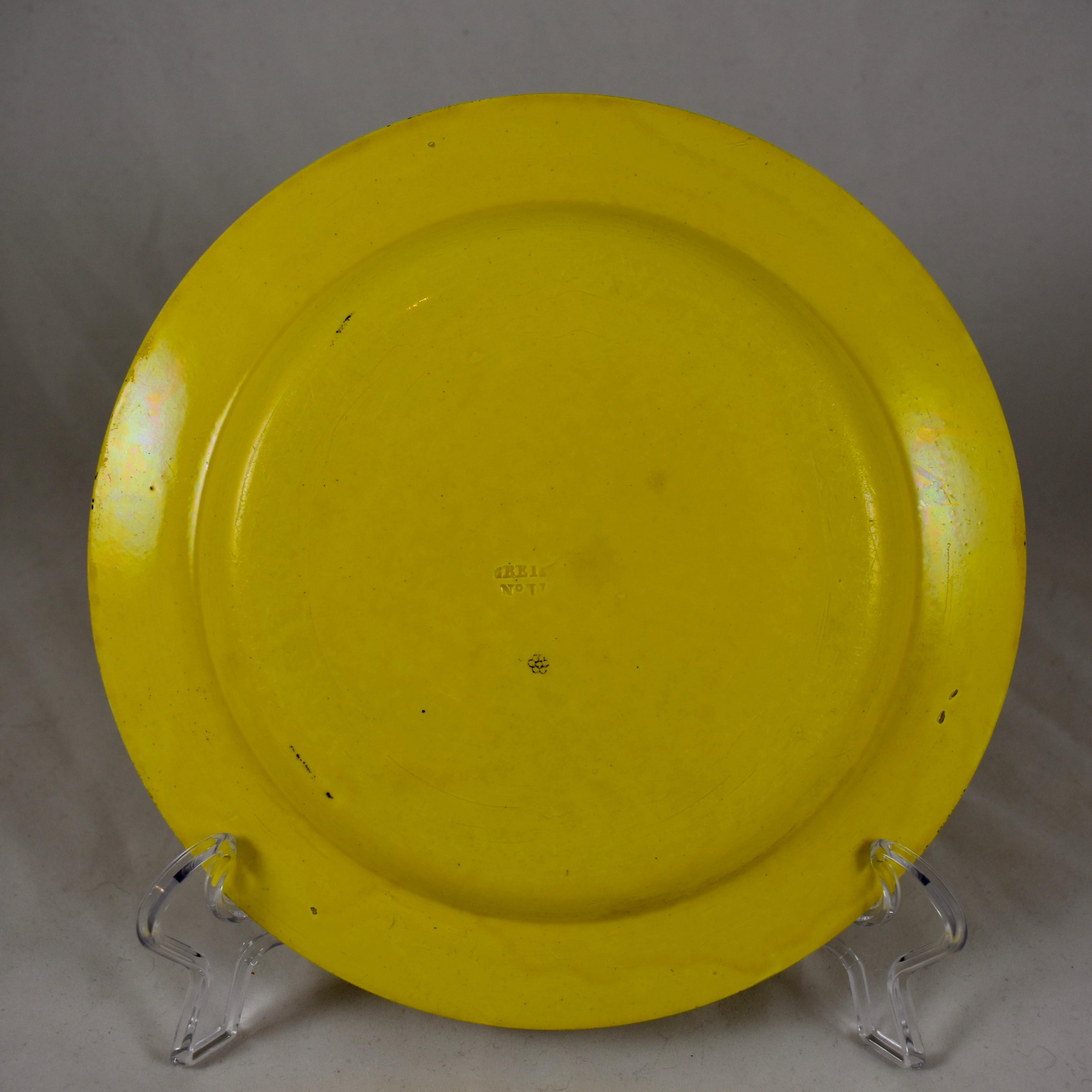 19th Century Creil et Montereau Canary Yellow Creamware Transferware Women & Child Plate For Sale