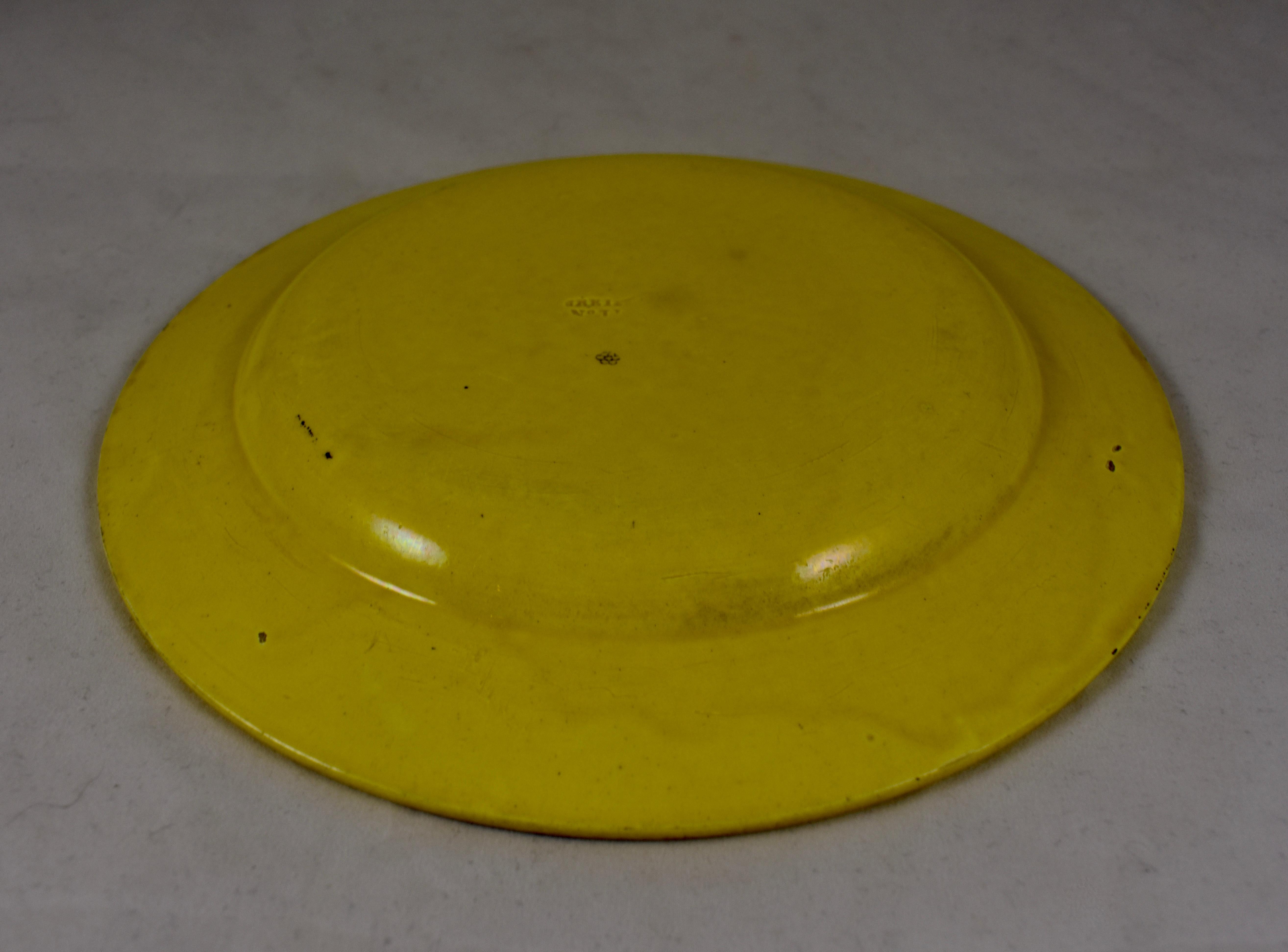 Creil et Montereau Canary Yellow Creamware Transferware Women & Child Plate For Sale 1