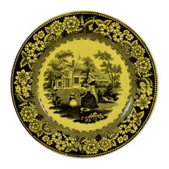Piatto Transferware Women & Child di Creil et Montereau giallo canarino