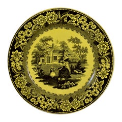 Creil et Montereau Canary Yellow Creamware Transferware Women & Child Plate