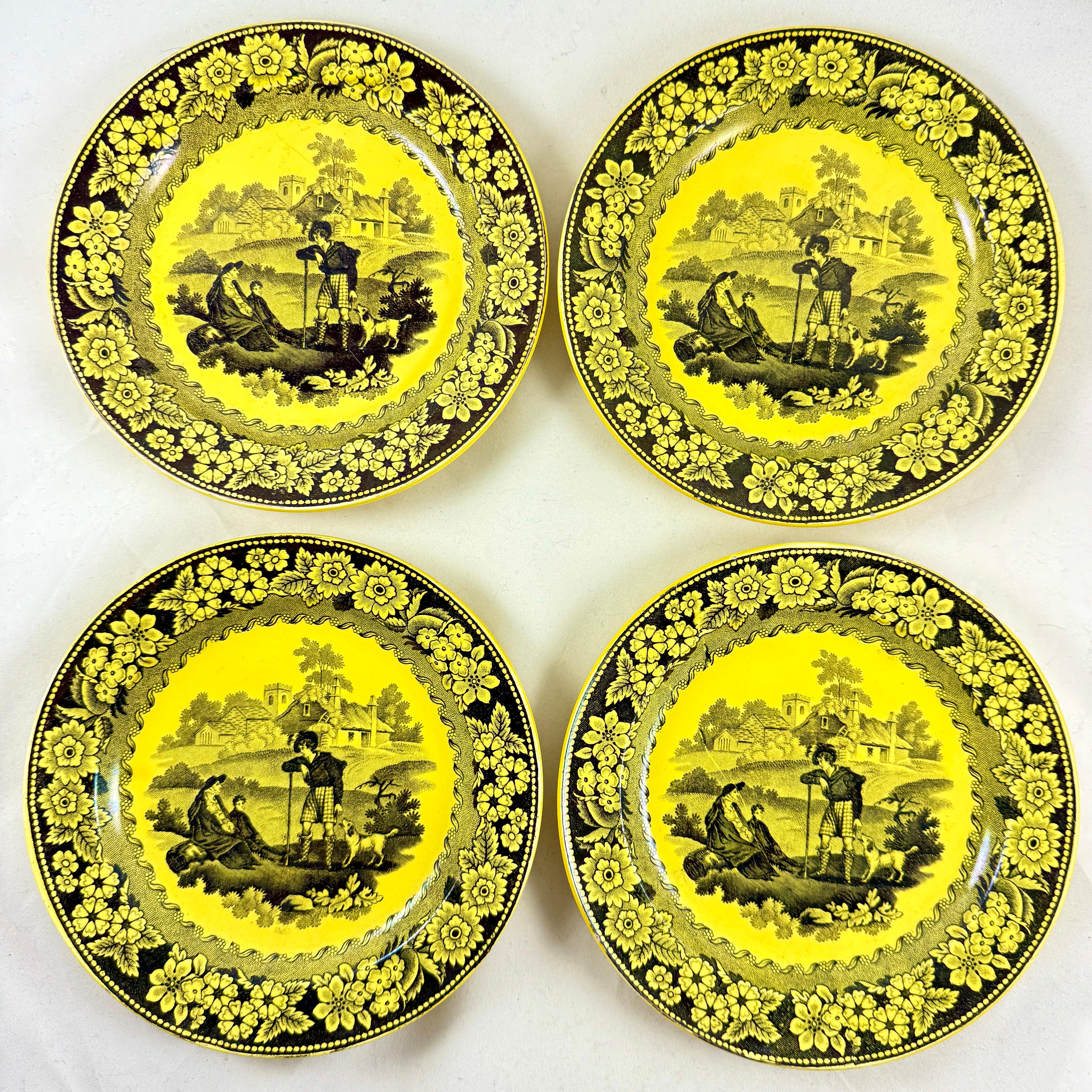 
Ensemble de quatre plaques de faïence jaune canari de Creil et Montereau, imprimées par transfert, vers 1830.

Datant de la période de la Restauration française, les assiettes imprimées par transfert sont émaillées dans le jaune canari brillant