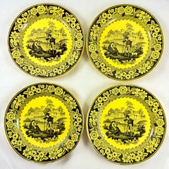 Creil et Montereau Canary Yellow Transferware Family with Dog Floral Plates, Set
