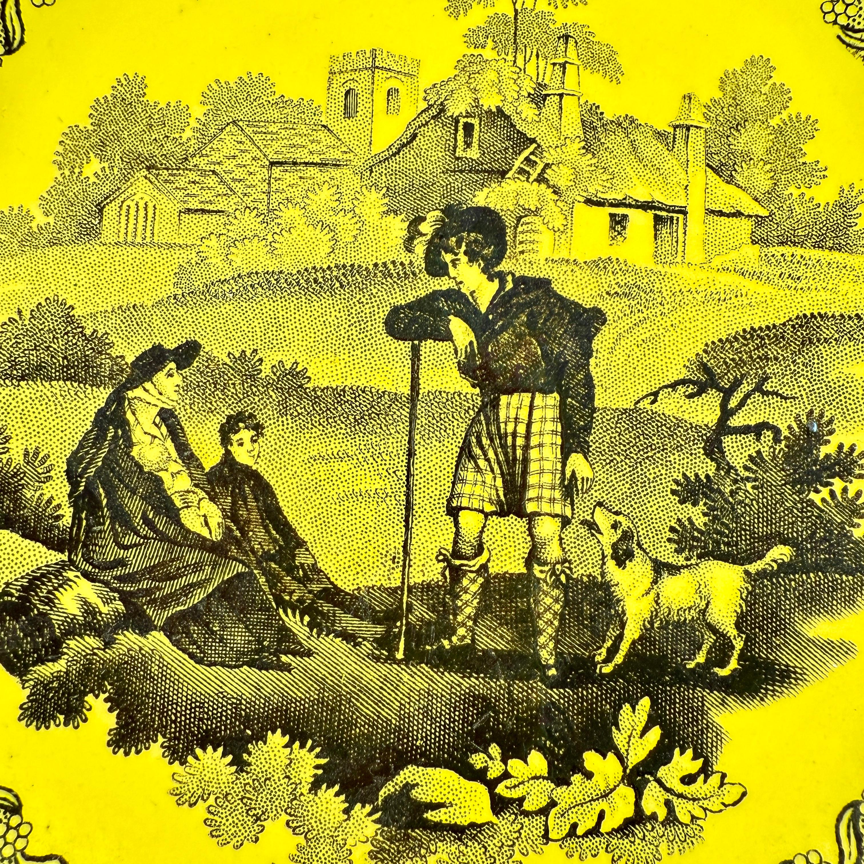 Vernissé Creil et Montereau Vaisselle à transfert jaune canari Assiettes Famille avec chien fleuri, set en vente