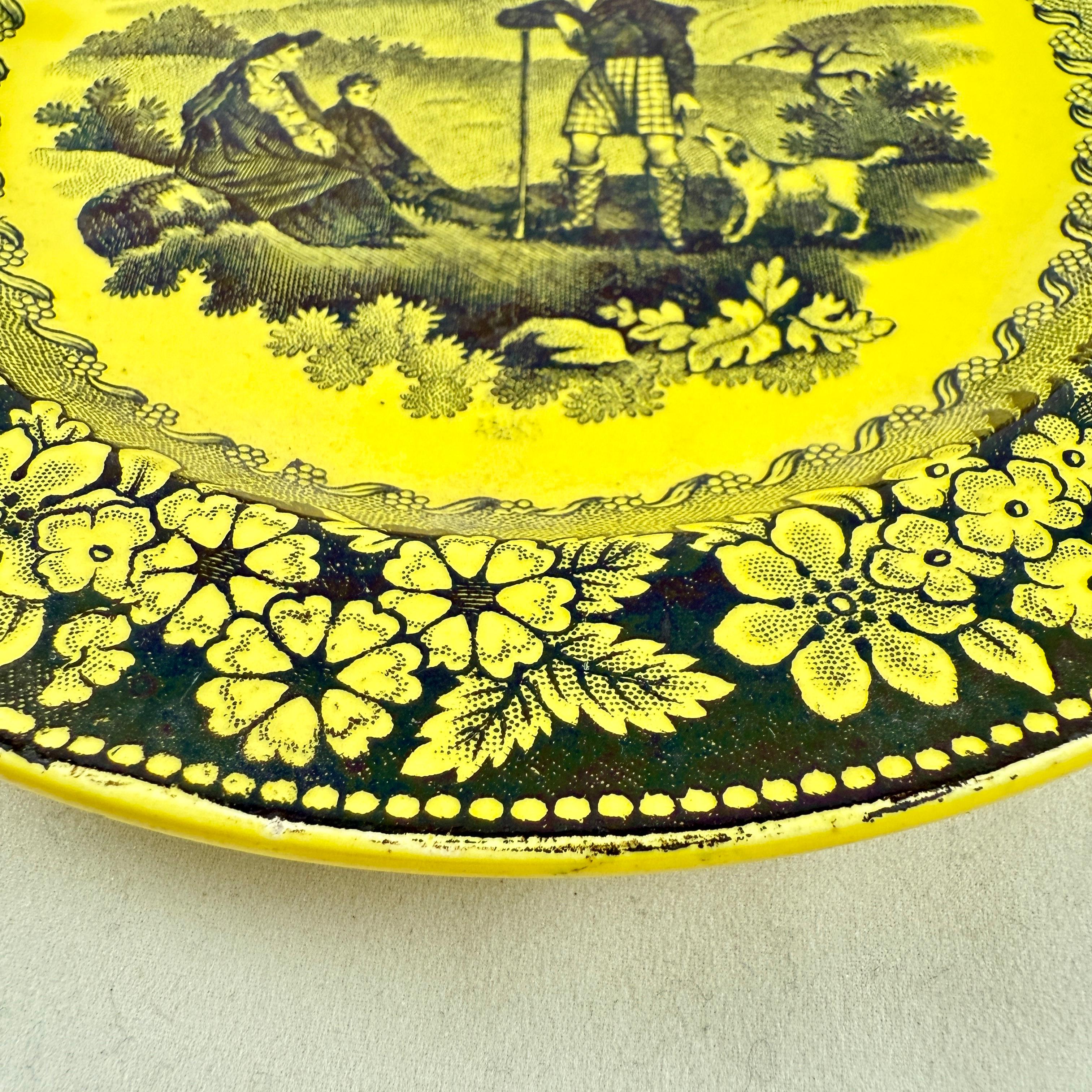 Faïence Creil et Montereau Vaisselle à transfert jaune canari Assiettes Famille avec chien fleuri, set en vente