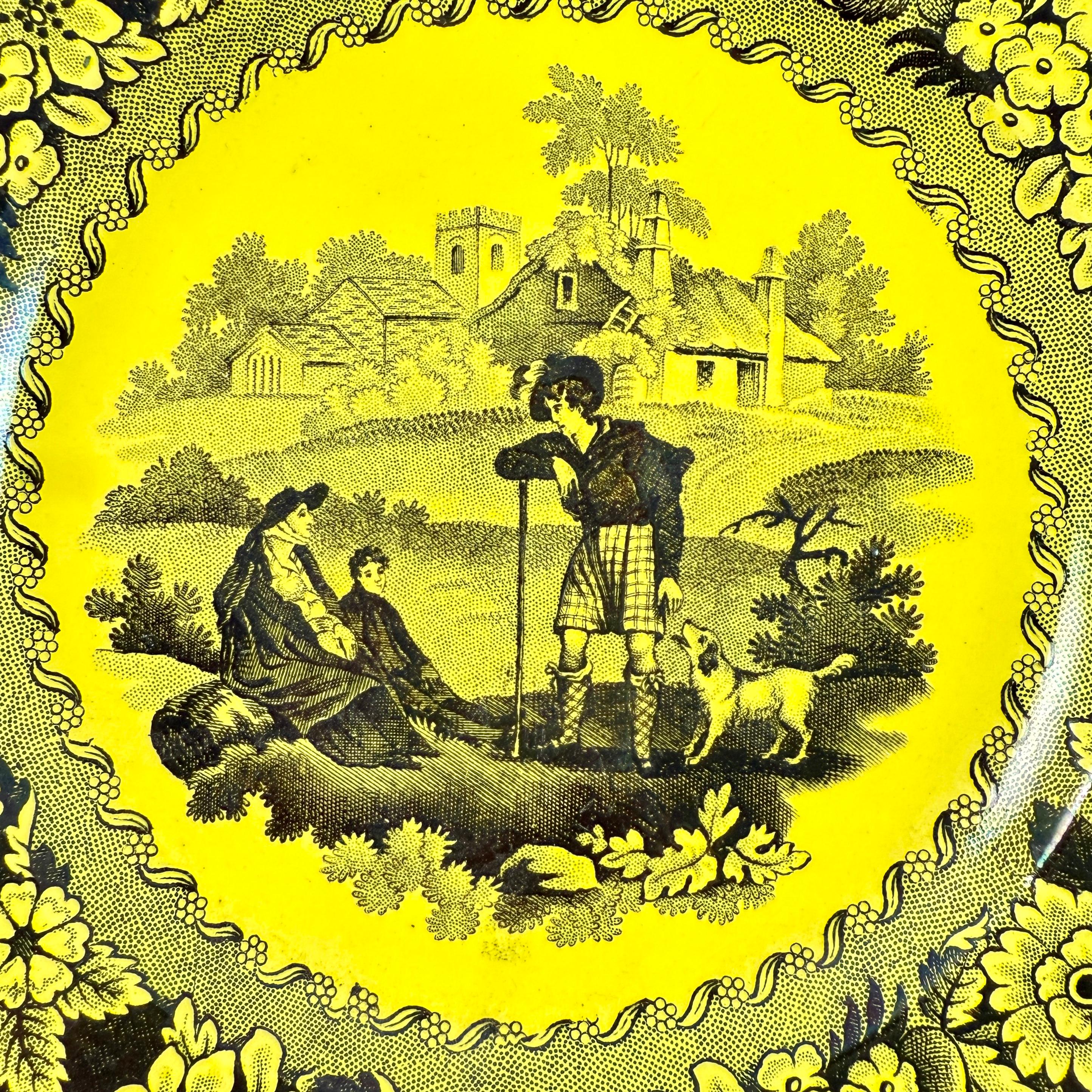 Creil et Montereau Vaisselle à transfert jaune canari Assiettes Famille avec chien fleuri, set en vente 1